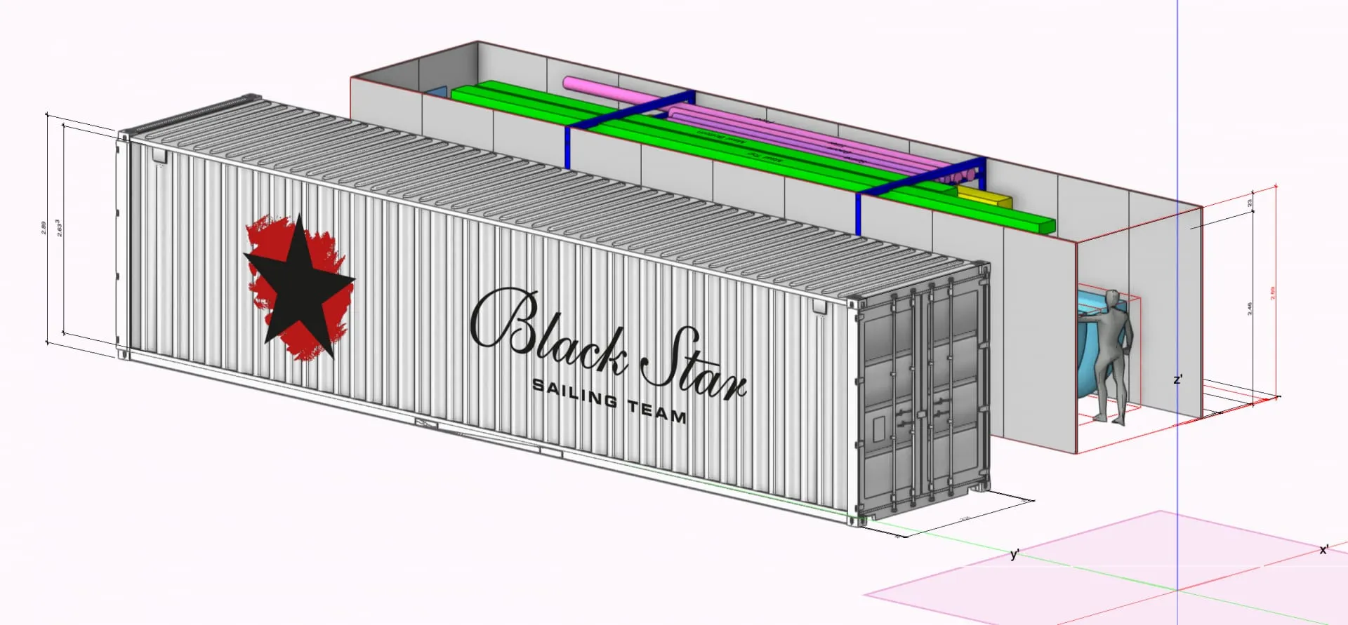 CAD visualisation of the 40-foot container with Black Star Sailing branding, showing the mast and shelves inside
