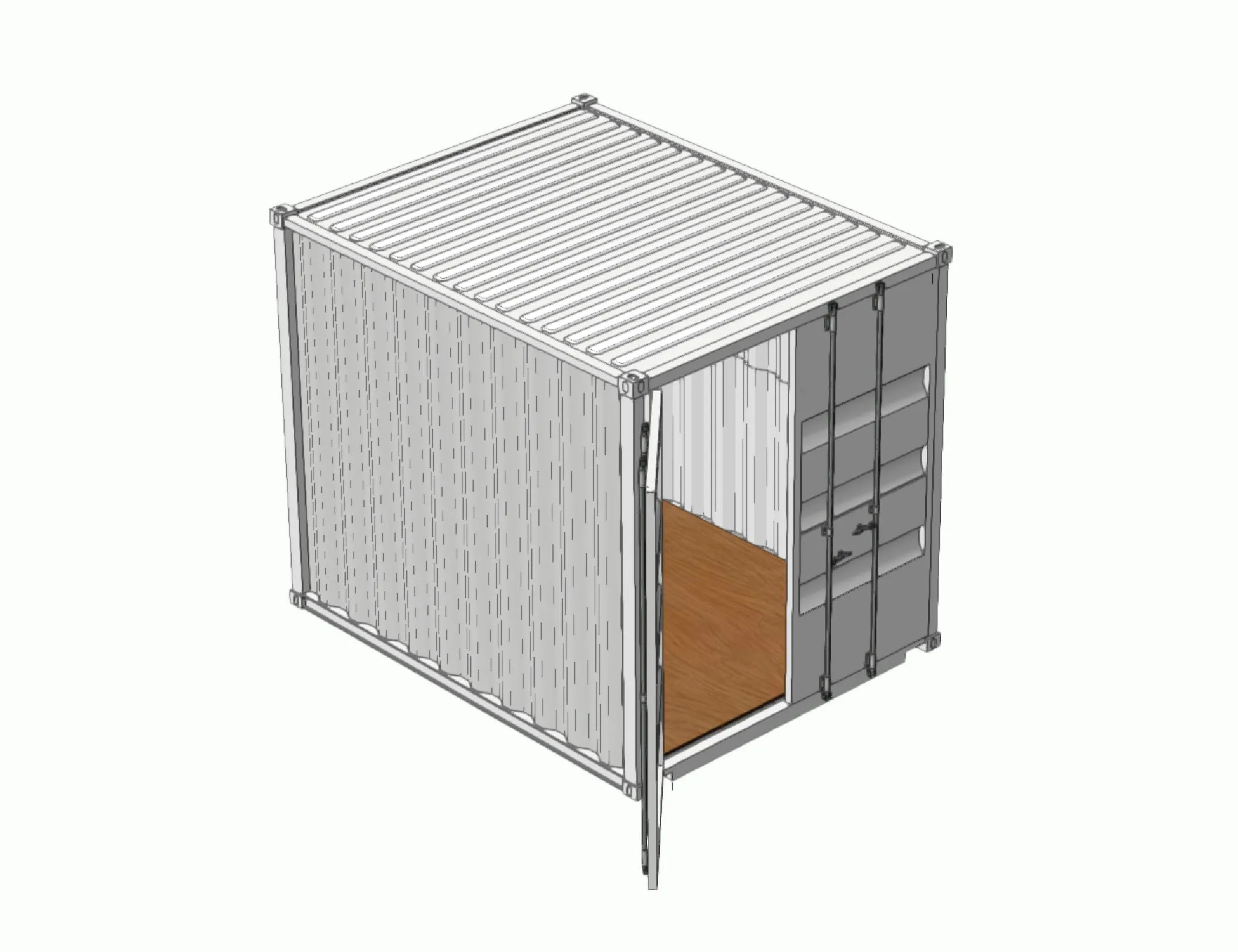 CAD rendering of a 10-foot open-side container with the side door open and a wooden floor