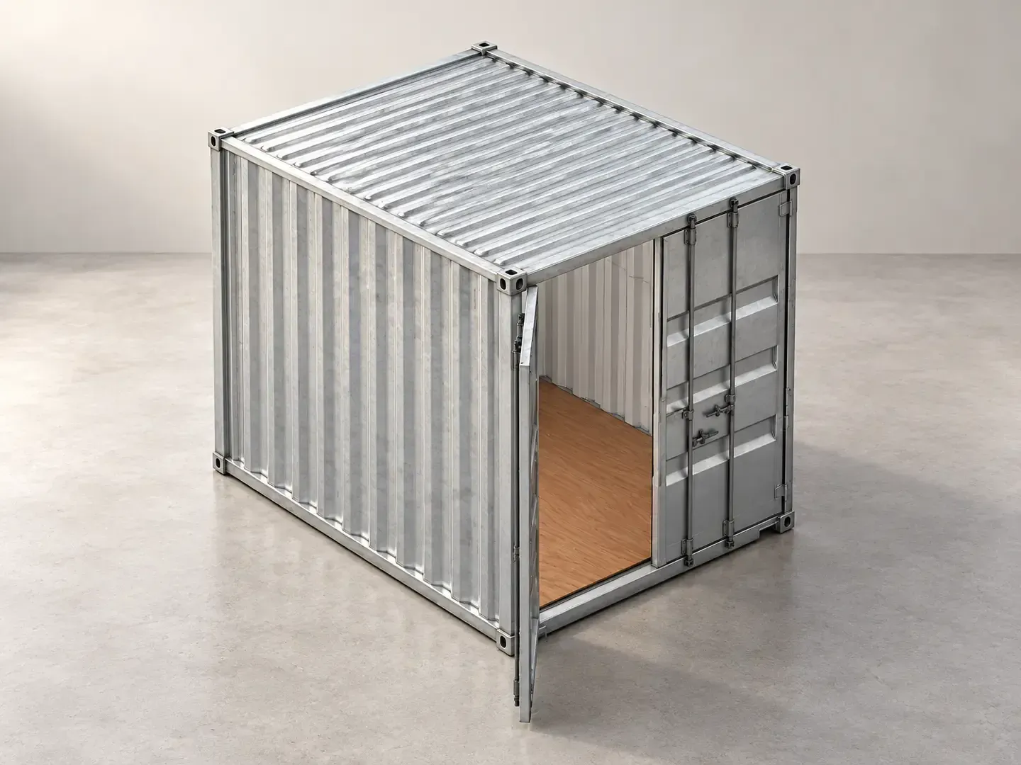 Rendering eines 10-Fuss-Containers mit geöffneter Seitentür und Holzboden