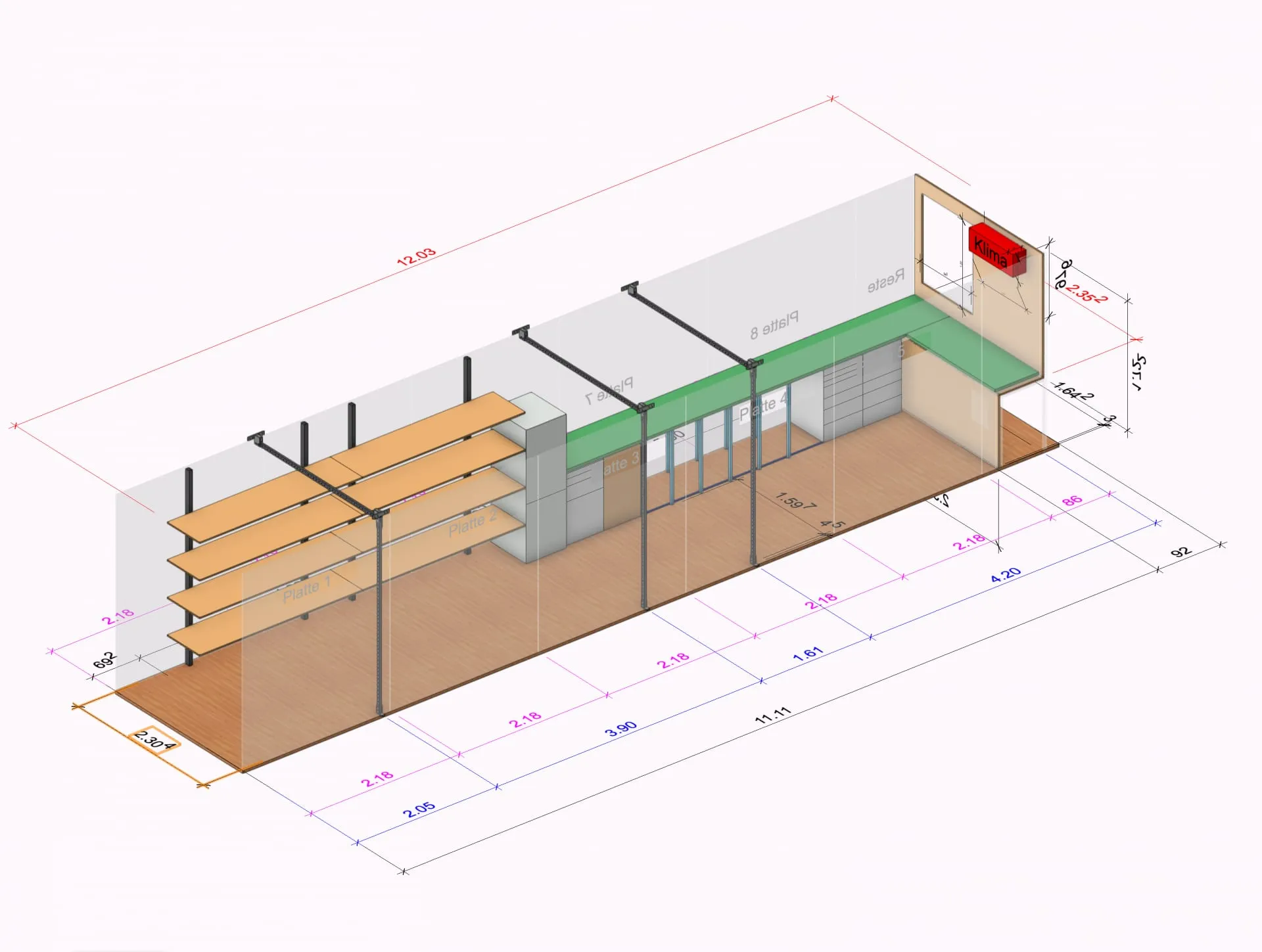 CAD-Zeichnung des Containerinnenraums mit Regalböden, Werkbank, Klimagerät und Massangaben