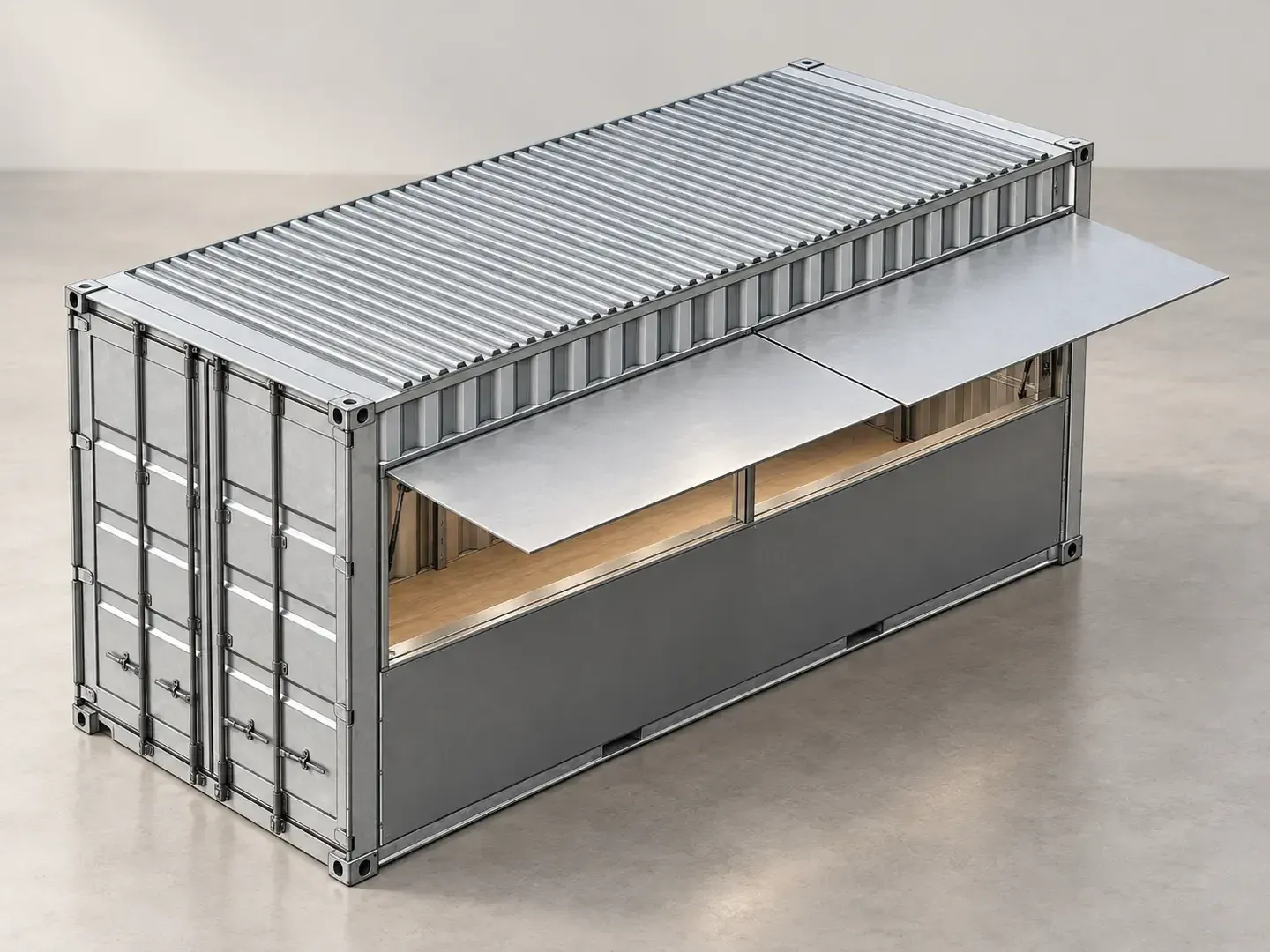 Rendering eines 20-Fuss-Barcontainers mit hochgeklappter Seitenklappe, Theke und Holzboden