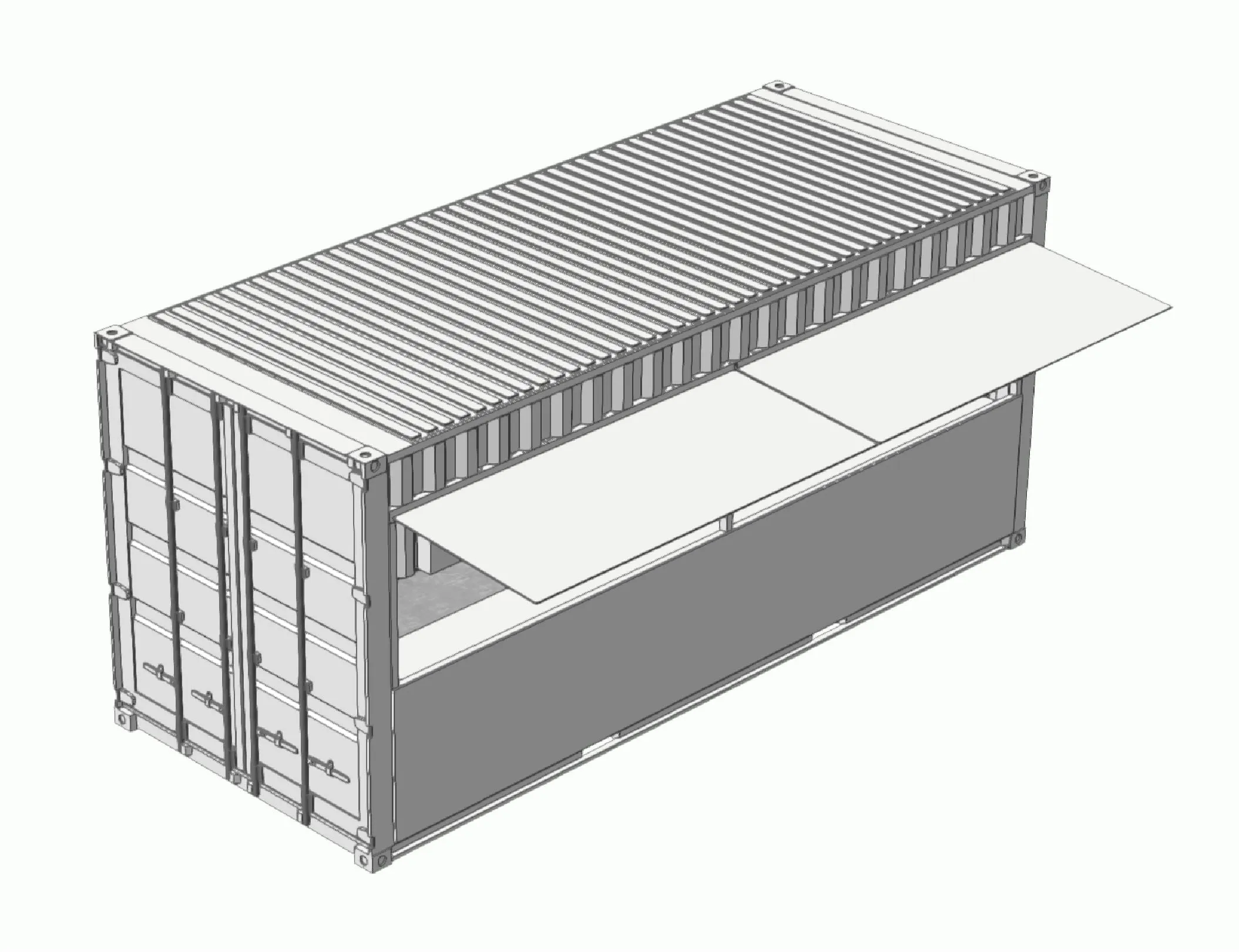 CAD rendering of a 20-foot bar container with the side flap raised and a counter