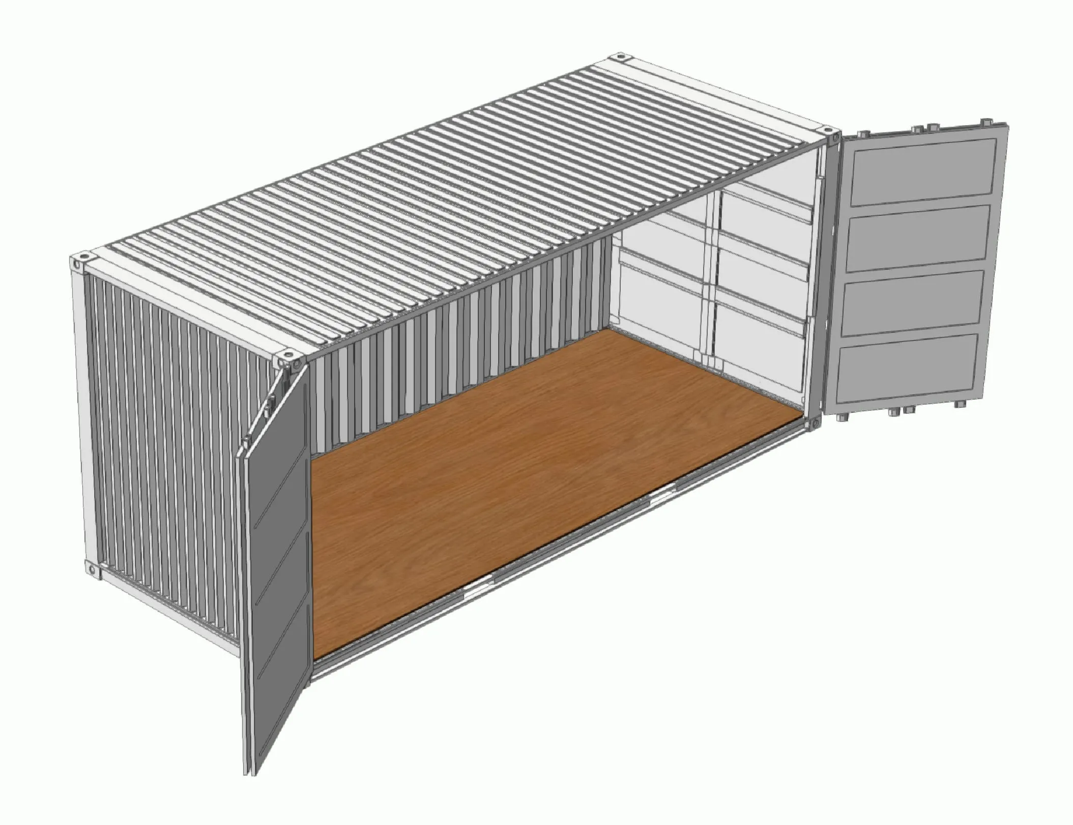 CAD rendering of a 20-foot open-side container with the side doors open and a wooden floor