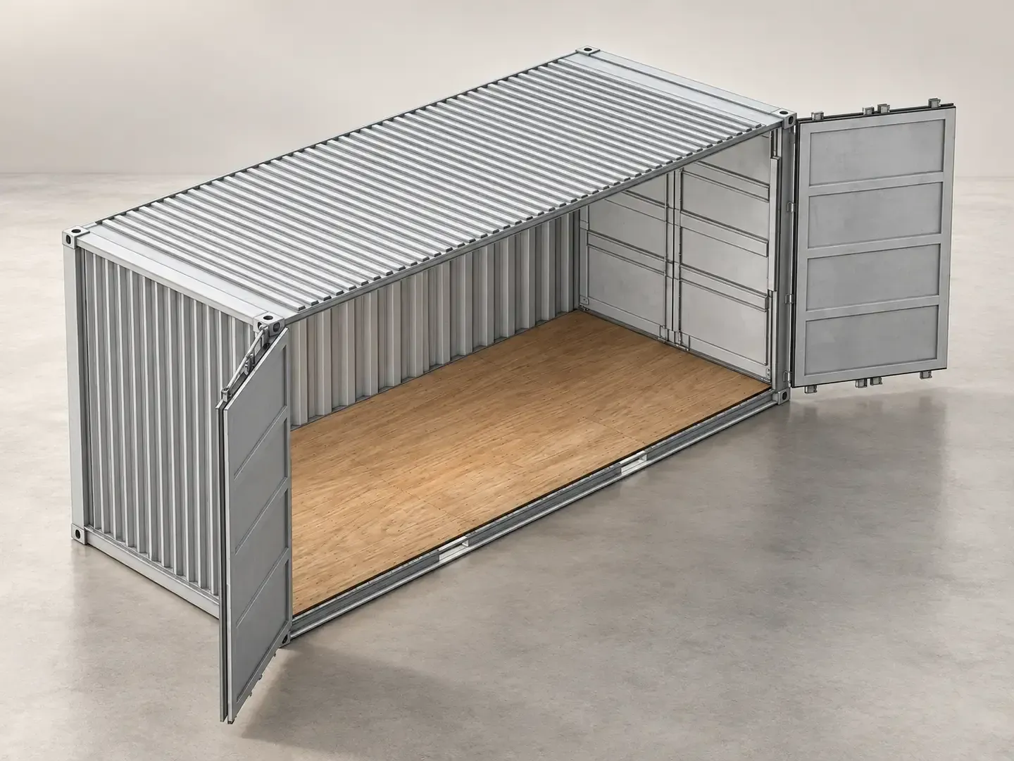 Rendering eines 20-Fuss-Openside-Containers mit geöffneten Seitentüren und Holzboden