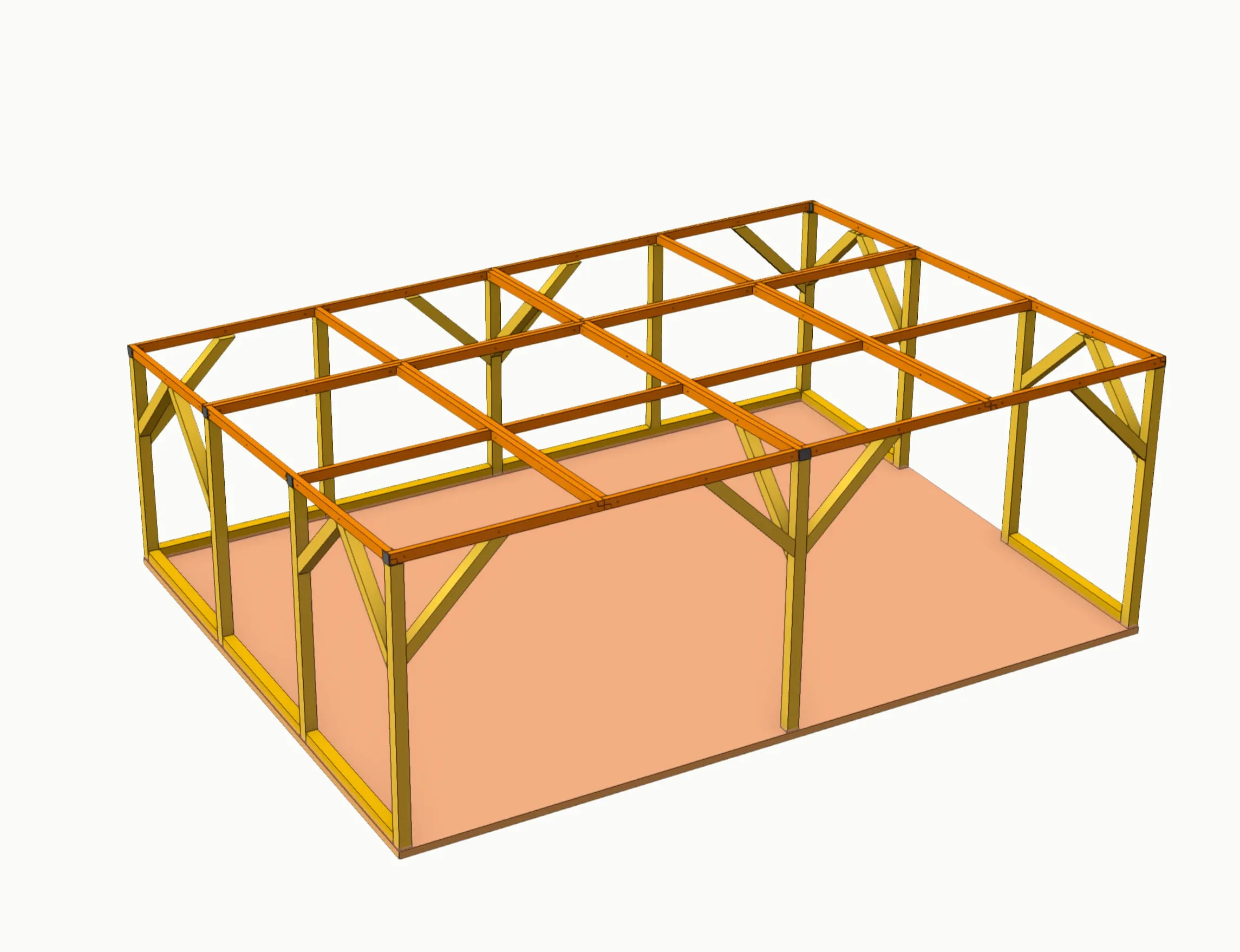 CAD-Rendering des modularen Holzunterstands mit sechs Feldern und Kopfbändern