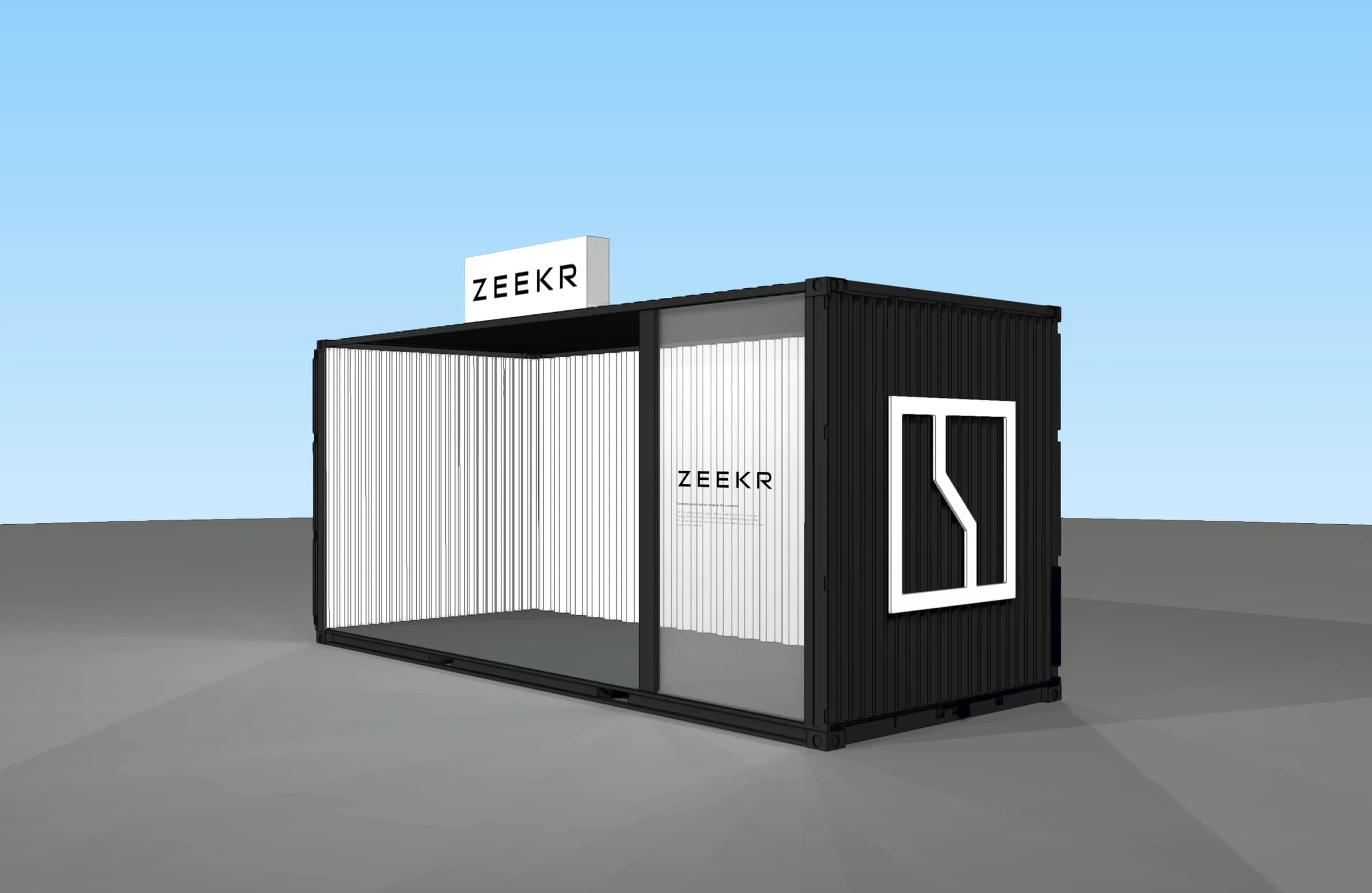 CAD-Rendering des schwarzen Containers mit offener Glasseite, weisser Lamellenwand und Zeekr-Leuchtschild auf dem Dach