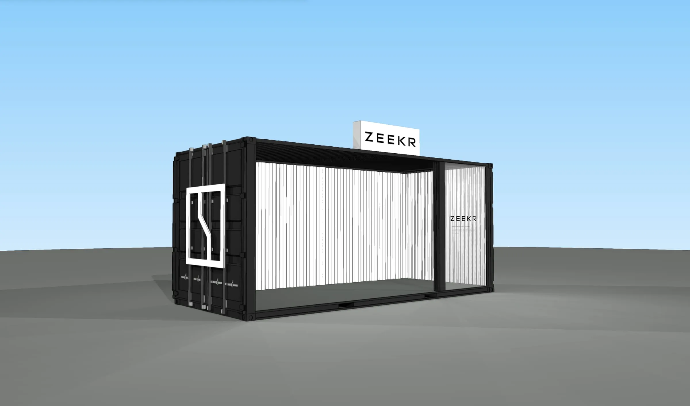 CAD-Rendering des Containers von der Türseite mit Blick in den weiss ausgekleideten Innenraum