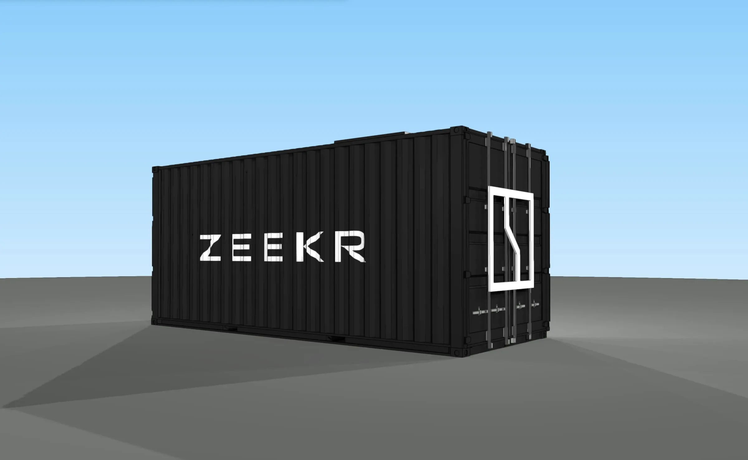 CAD-Rendering des geschlossenen schwarzen Containers mit «ZEEKR»-Schriftzug und weissem Logo-Rahmen auf den Türen