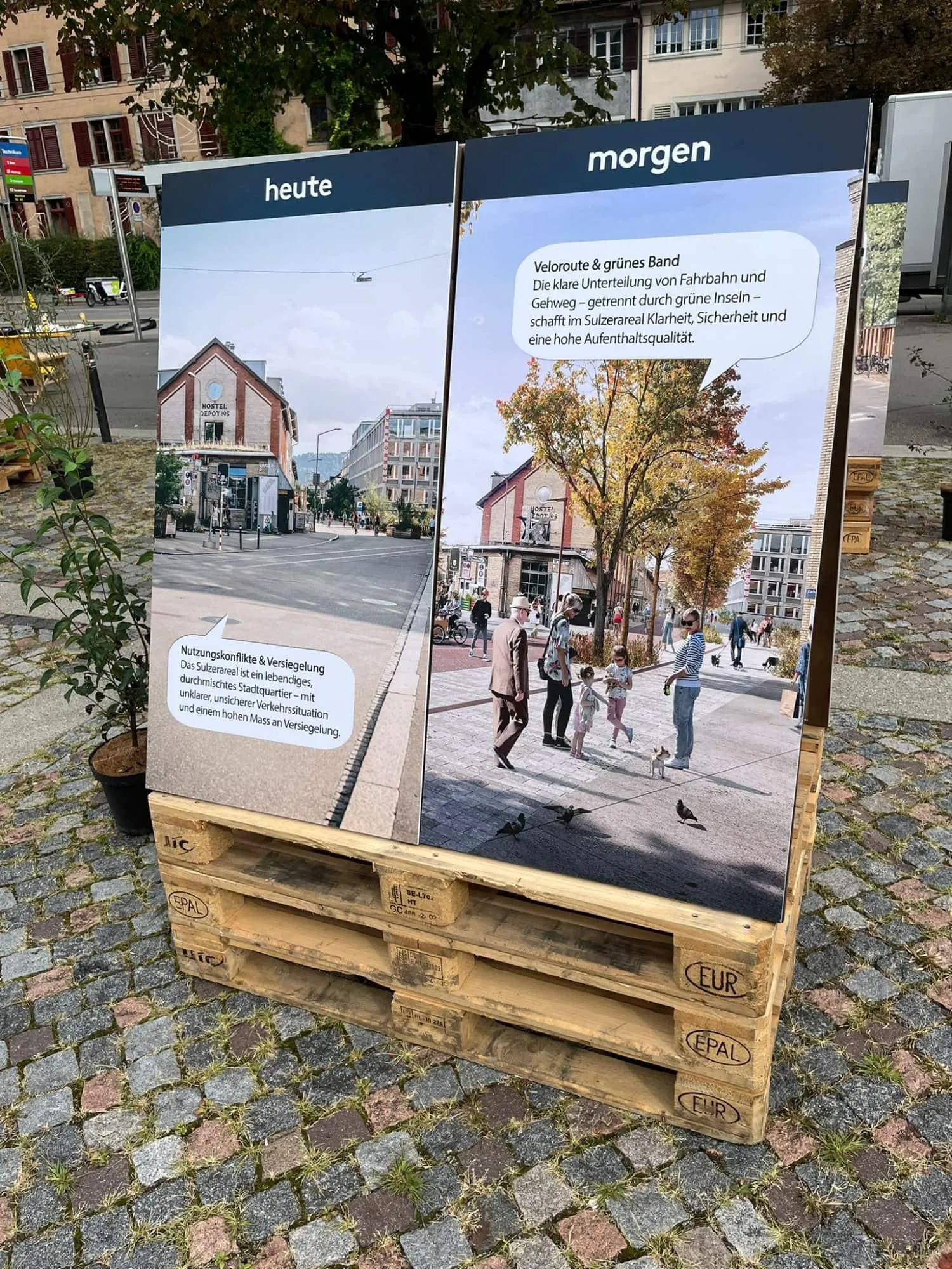 Tafel auf Paletten mit Vergleich des Sulzerareals heute und einer Visualisierung für morgen