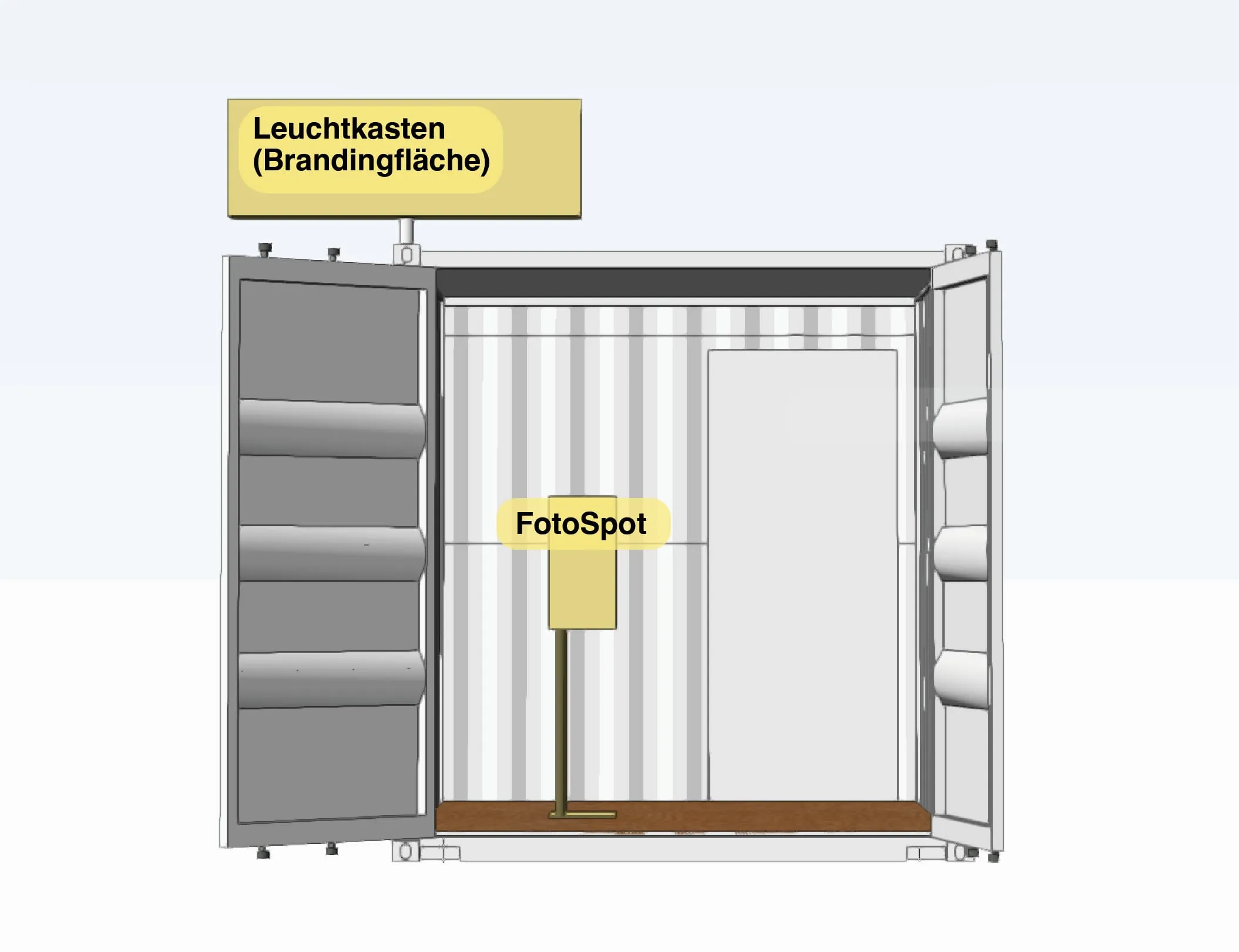 CAD rendering of the 10-foot container with labels: light box and photo spot