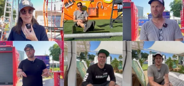 Sechs Interview-Ausschnitte von made-Mitarbeitenden vor roten Containern auf einem Festivalgelände