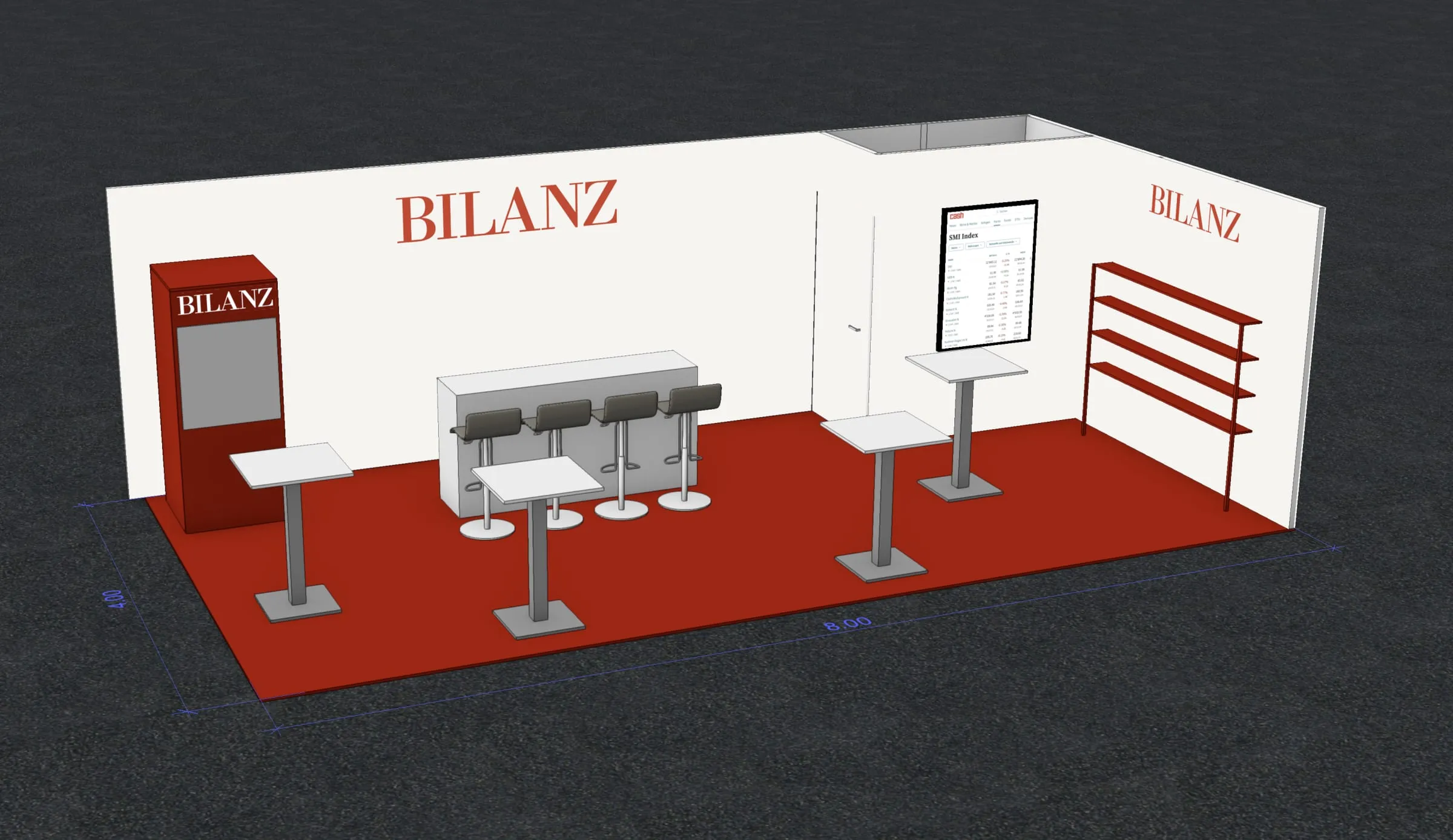 CAD-Visualisierung des 8 x 4 Meter grossen Stands mit rotem Boden, Bar, Stehtischen, Greifarmautomat und Regal
