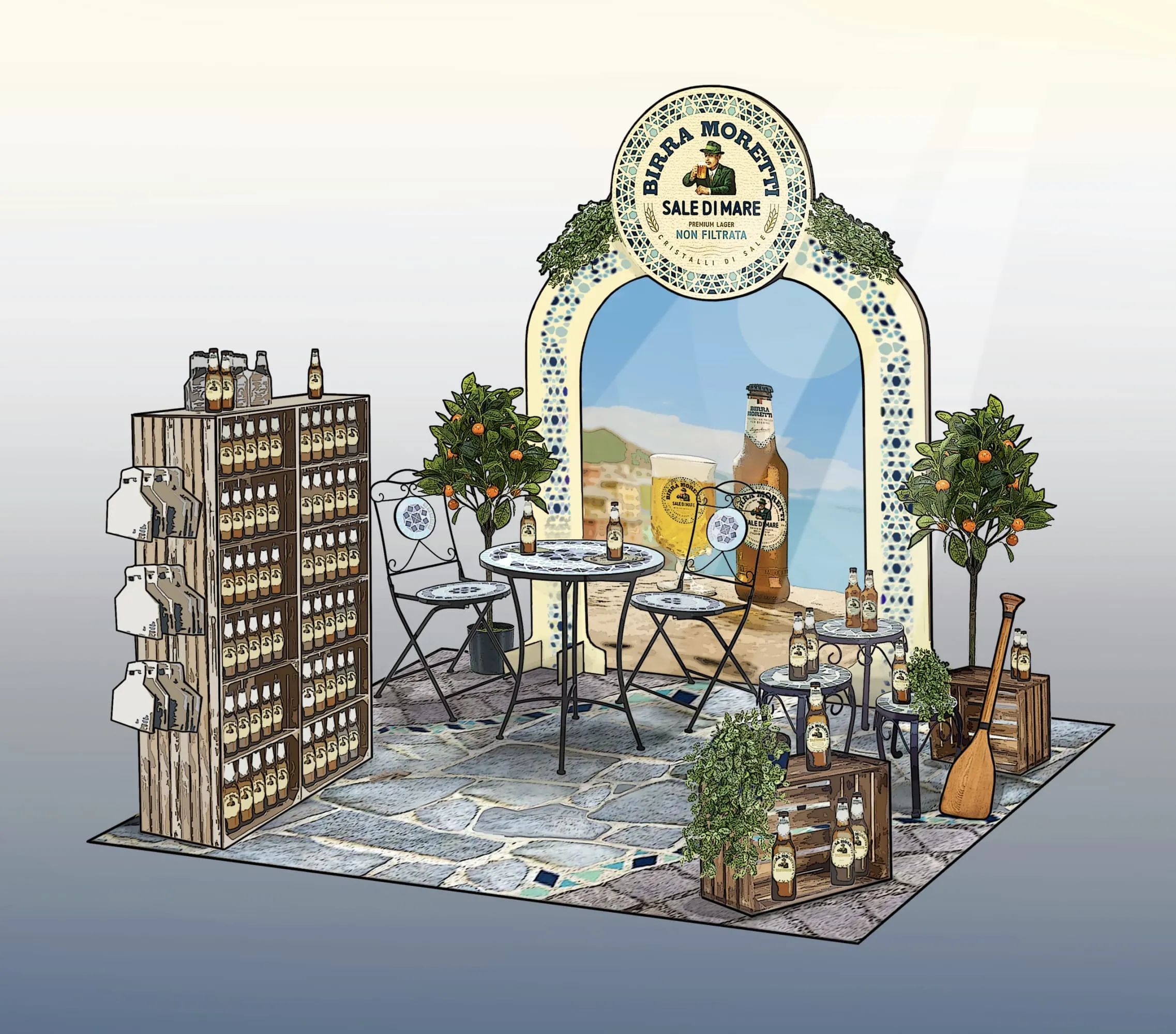 Illustration des Corners mit Holzregal voller Flaschen, Torbogen, Mosaiktischen, Orangenbäumen und Paddel