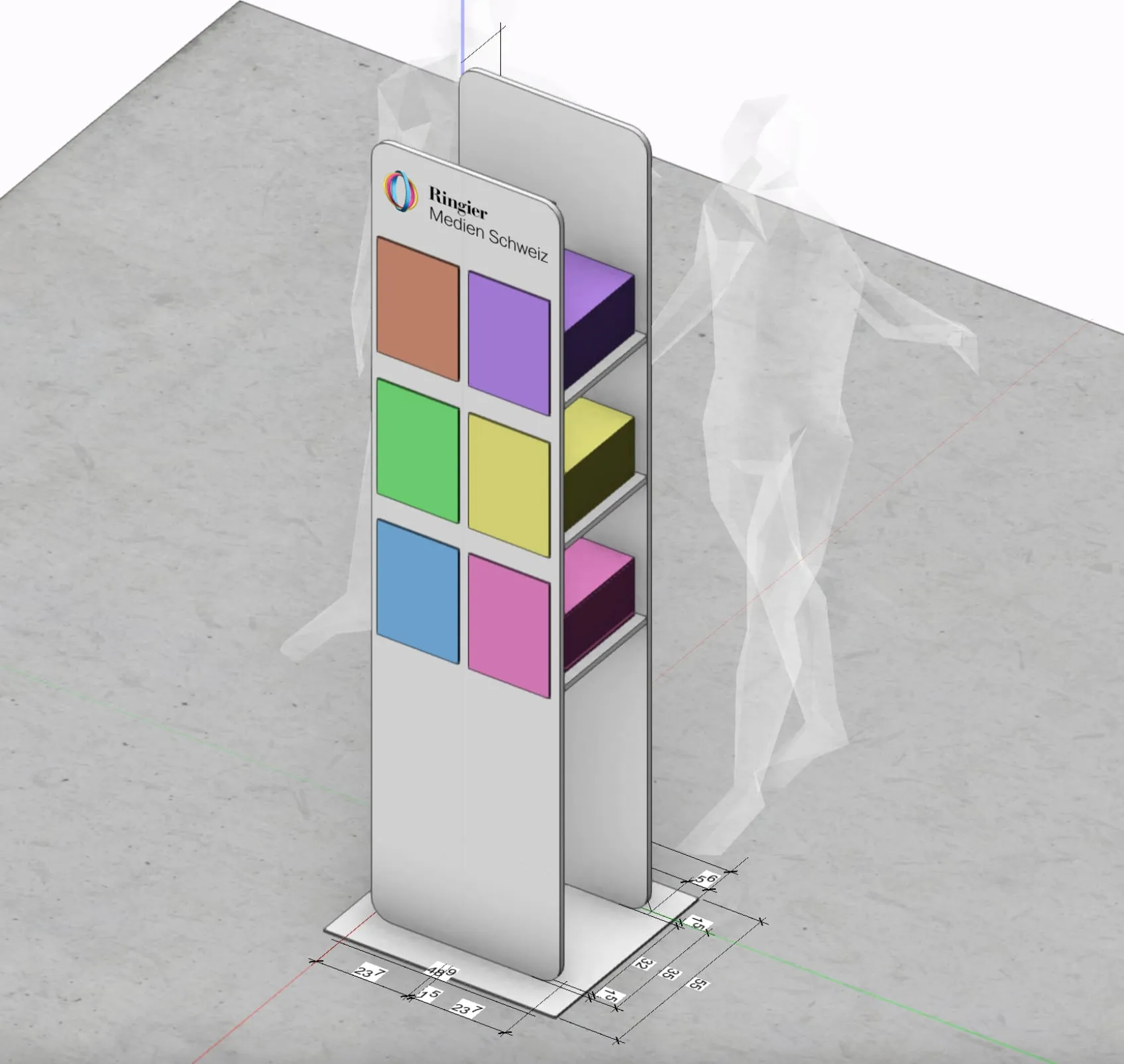 CAD-Rendering des Zeitungsständers mit sechs farbigen Feldern auf der Front und Magazinstapeln auf den Tablaren