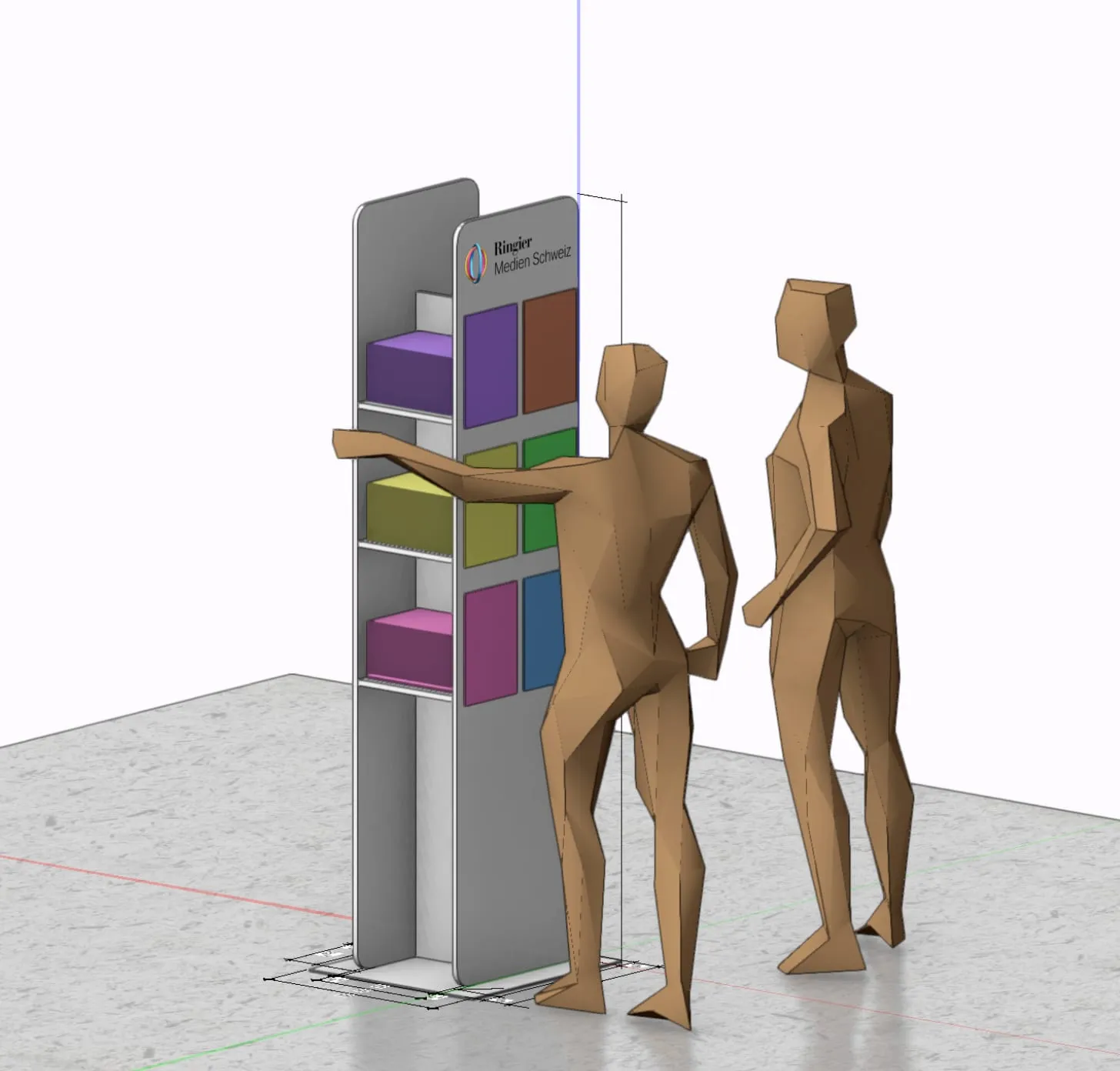 CAD-Rendering des Zeitungsständers mit farbigen Magazinfeldern und zwei Figuren als Grössenvergleich