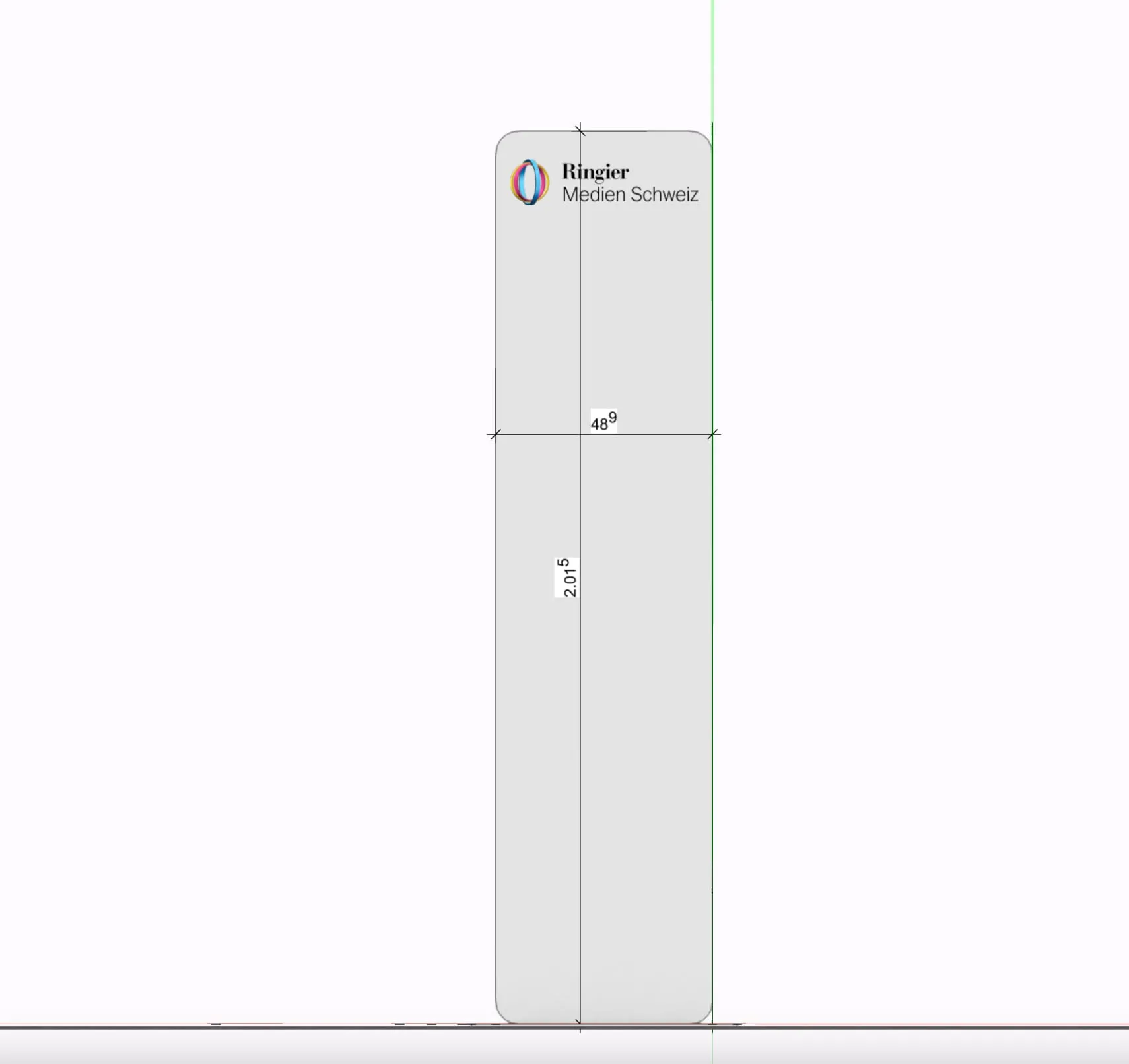CAD-Zeichnung der Frontplatte des Zeitungsständers mit Ringier-Logo und Massangaben 48.9 cm breit, 2.015 m hoch