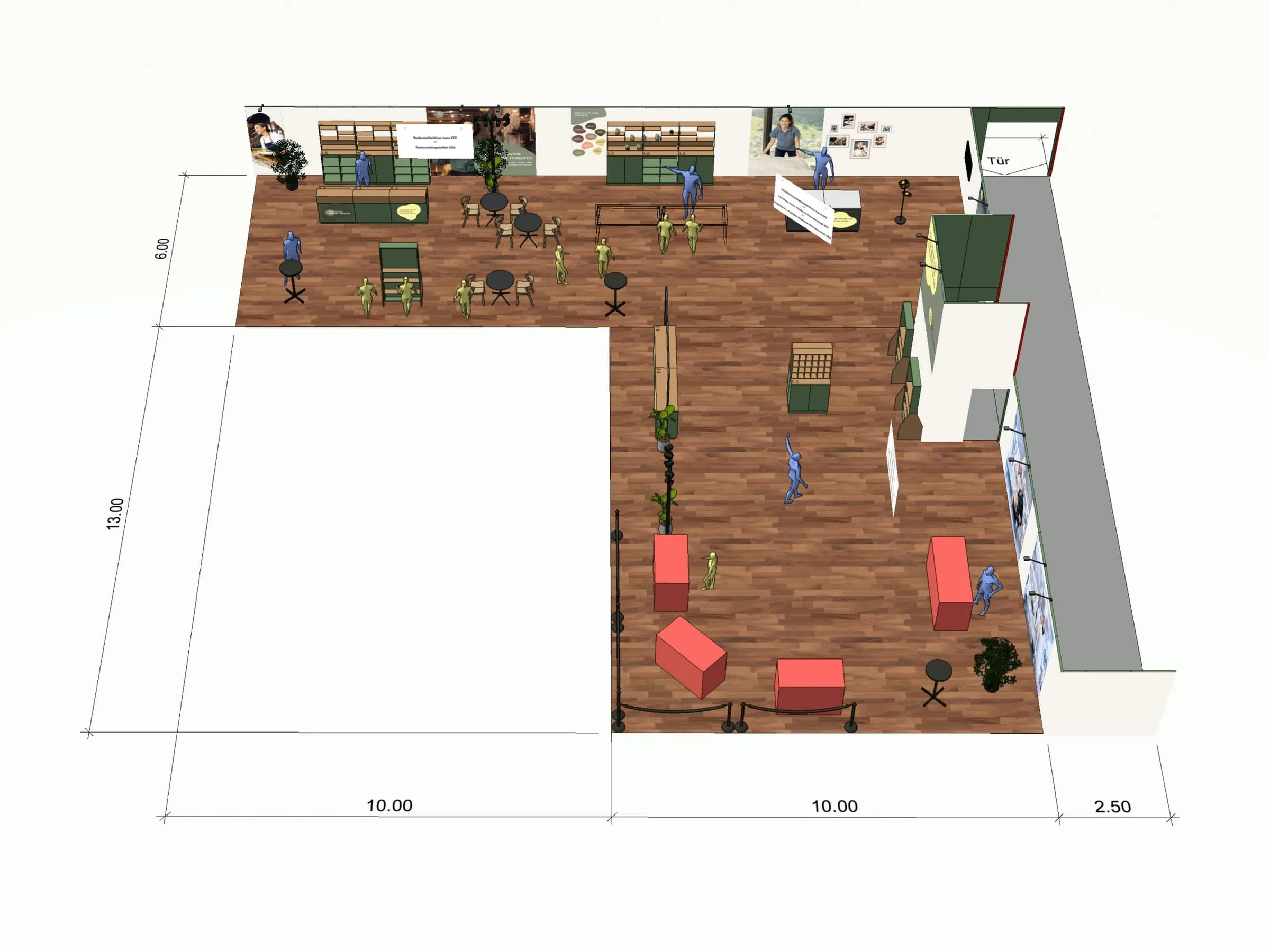 CAD-Rendering des L-förmigen Standgrundrisses mit Holzboden, Mobiliar, Figuren und Massangaben 13 mal 10 Meter
