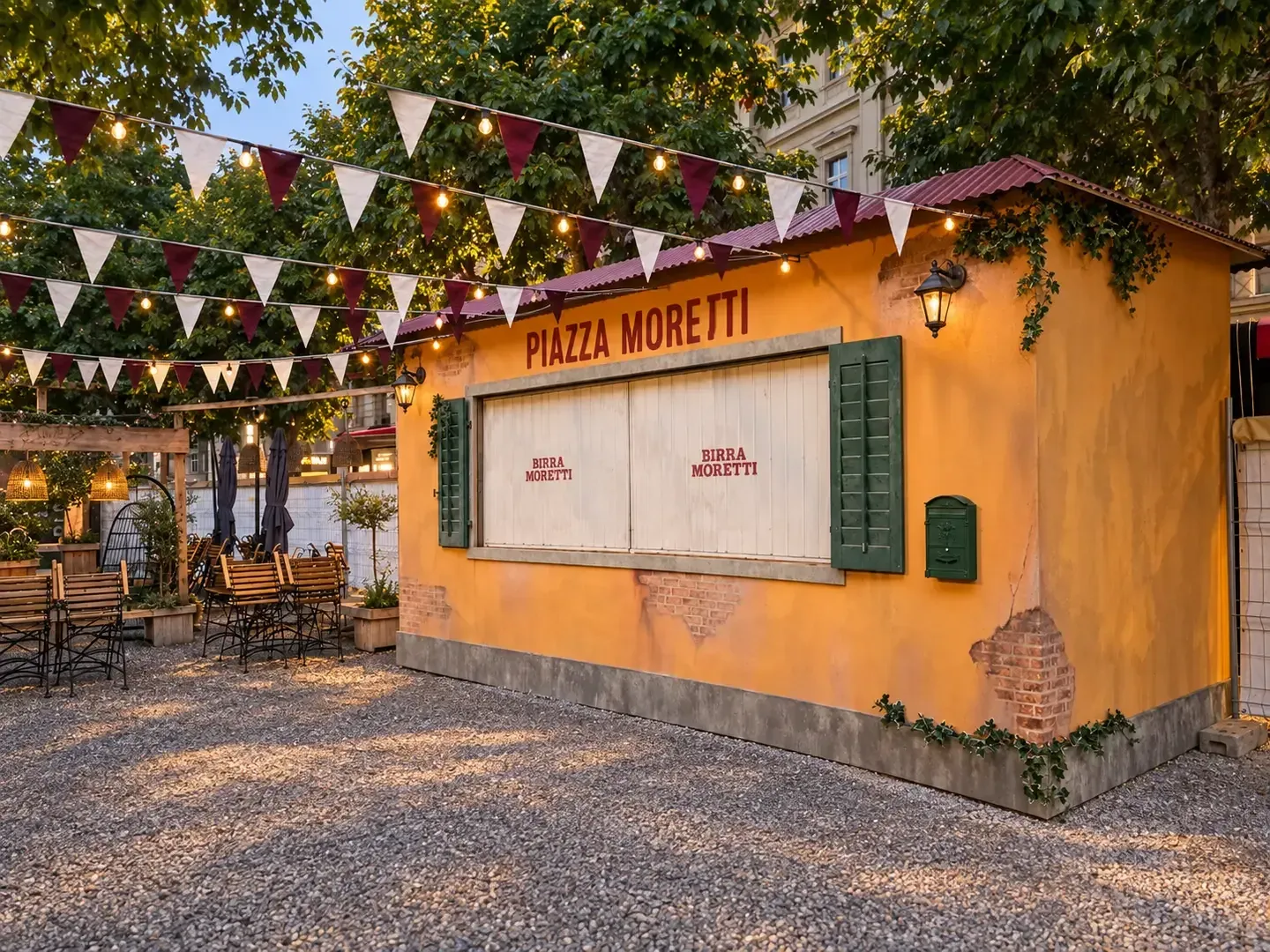 Ockergelber Barcontainer «Piazza Moretti» mit grünen Fensterläden, Wimpeln und Lichterketten auf Kies, davor Bistrotische
