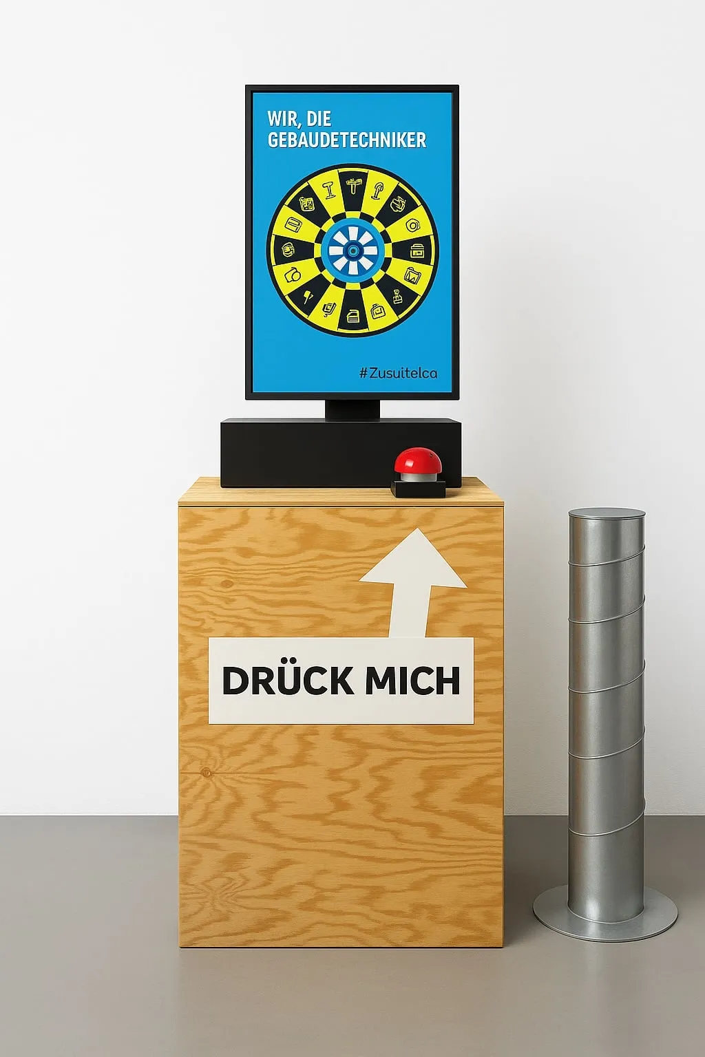 Digital prize wheel on a wooden plinth with a red buzzer and a «Drück mich» label
