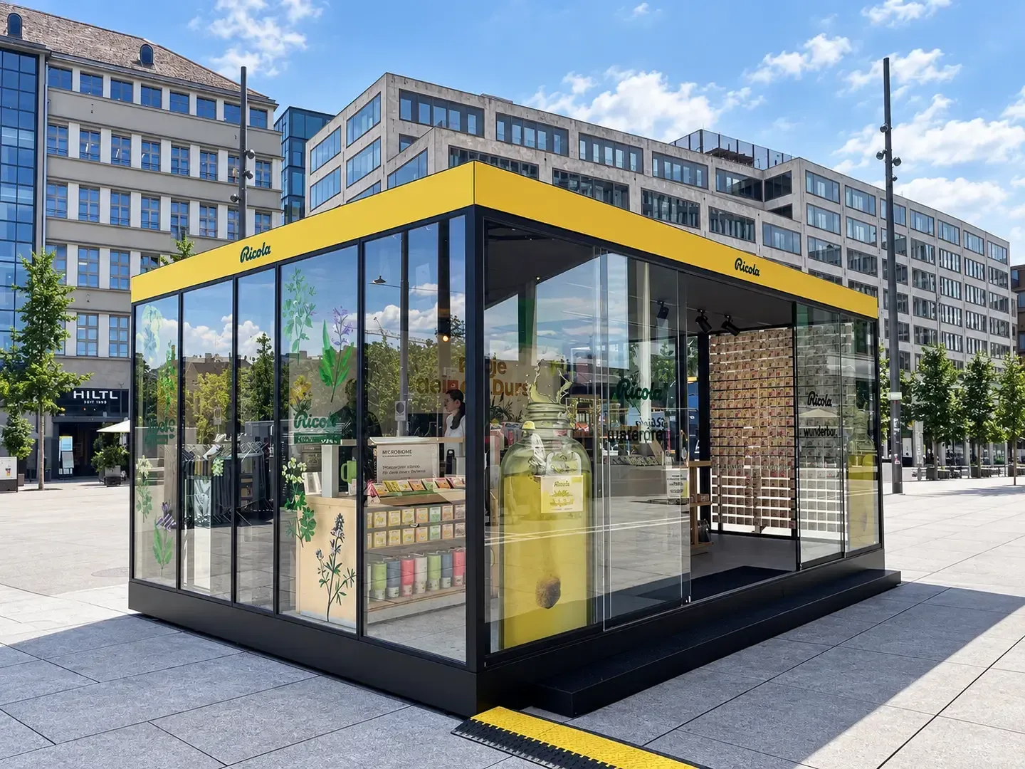 Verglaste Flexbox mit gelbem Dachband und Ricola-Logo auf einem Stadtplatz, drinnen Regale, Theke und eine grosse Flaschen-Skulptur