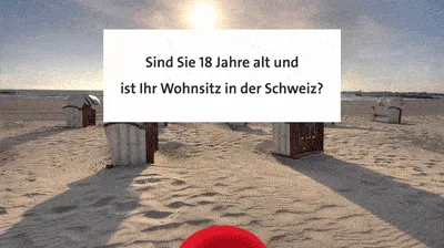 Animation des Velo-Games: Strandkörbe am Meer und die Frage «Sind Sie 18 Jahre alt und ist Ihr Wohnsitz in der Schweiz?»