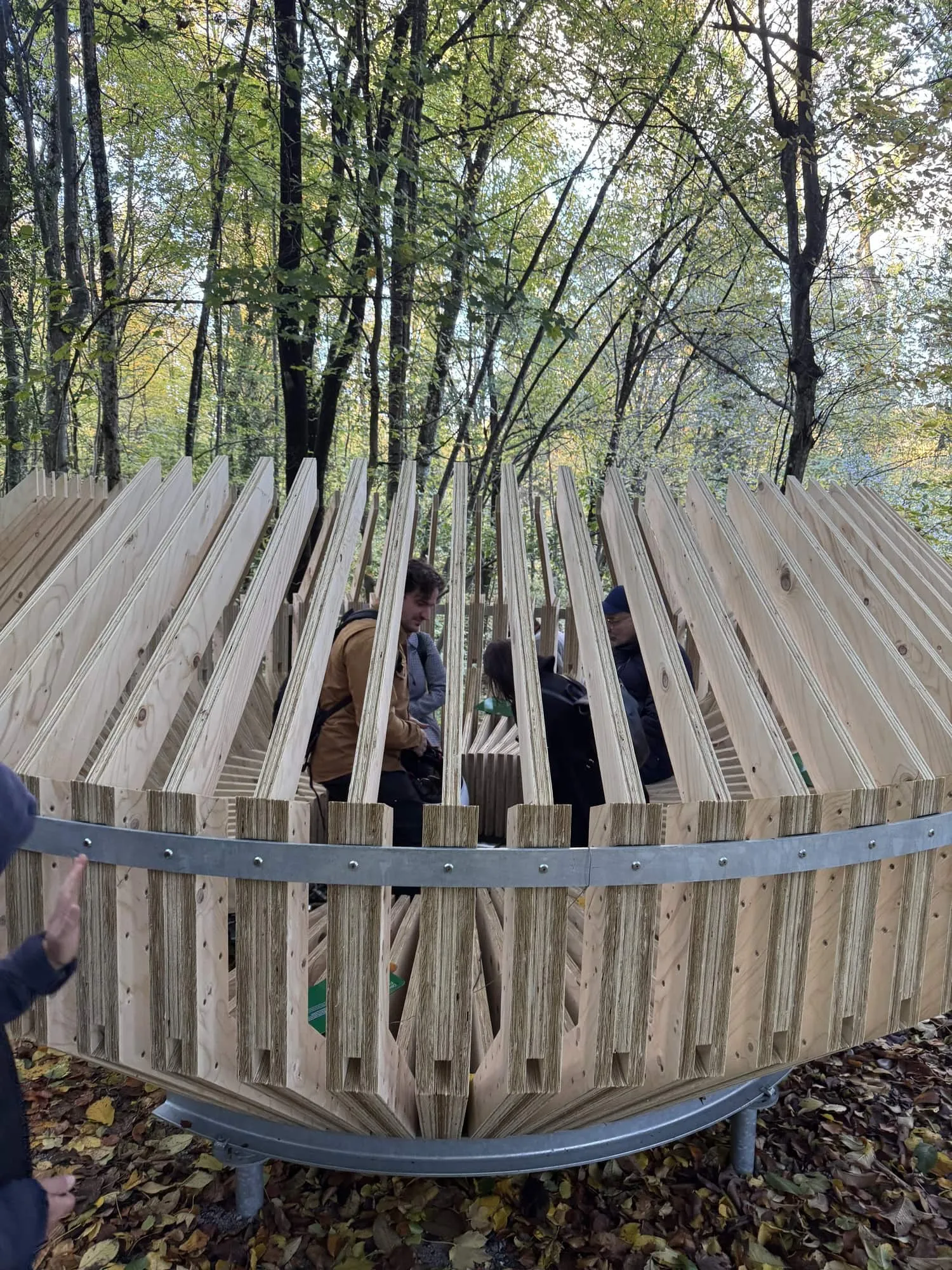 Kreis aus schräg gestellten Holzlamellen auf Stahlring im Wald, drei Personen sitzen darin