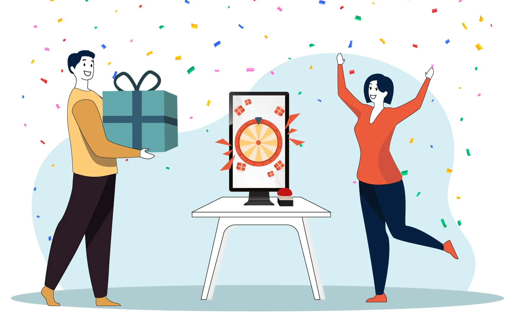 Illustration: a man with a present and a cheering woman next to a Glücksrad screen, with confetti
