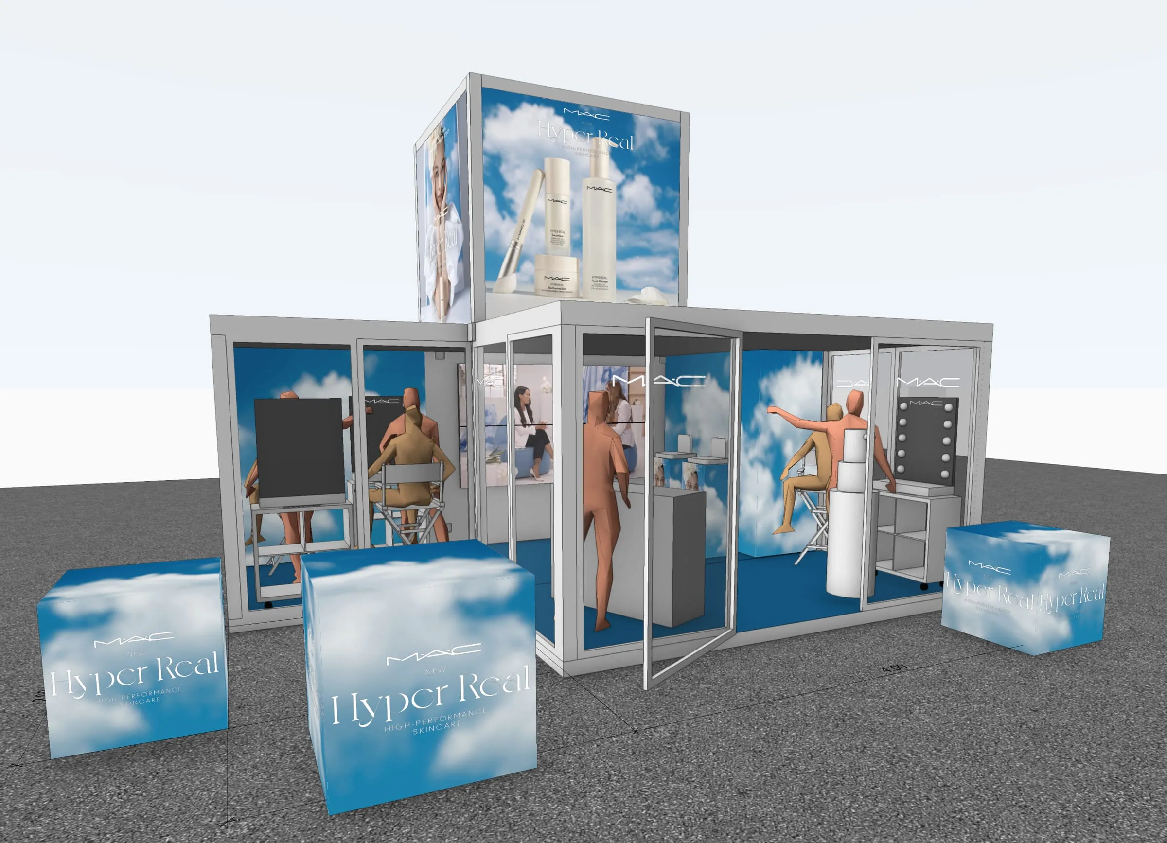 CAD-Visualisierung des Promocubes von aussen mit Wolken-Branding, Schminkplätzen und Hyper-Real-Würfeln