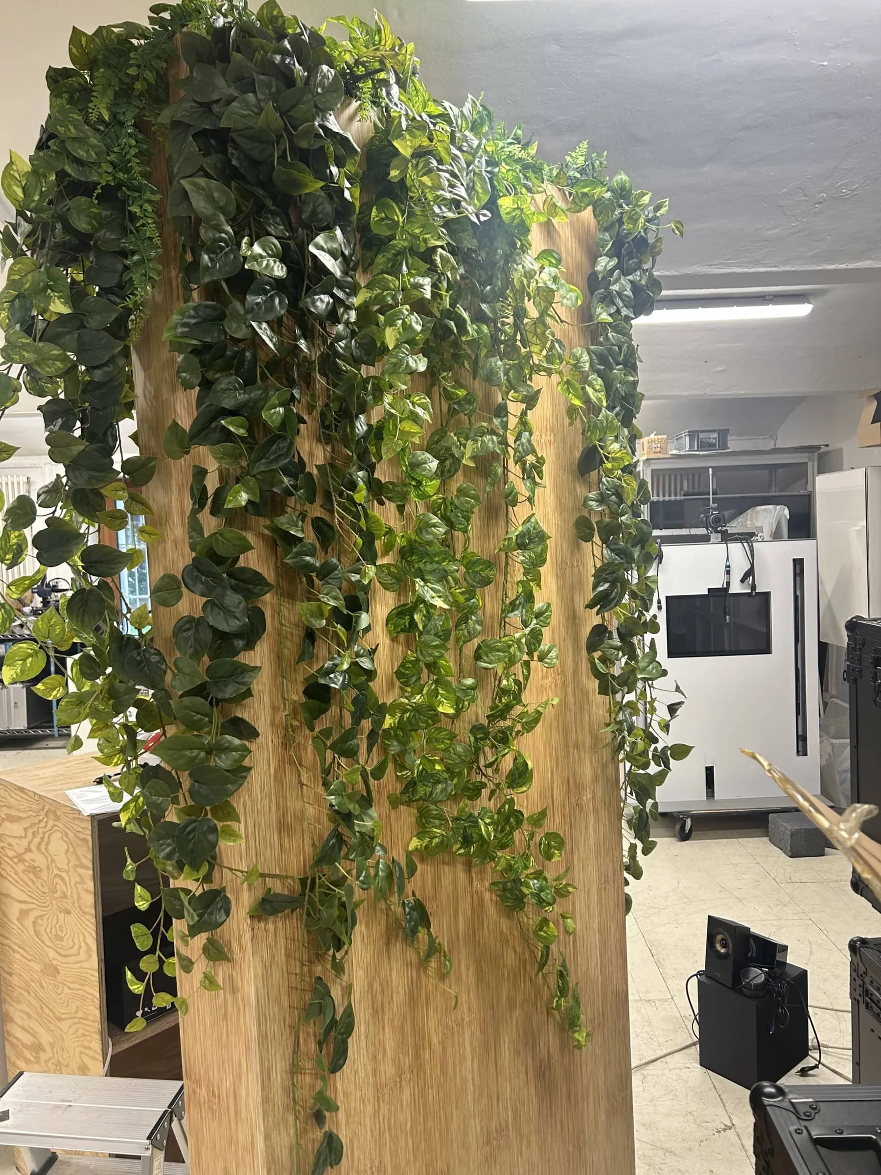 Rückseite des Screen-Rahmens aus Bambusholz mit herabhängenden Efeuranken in der Werkstatt