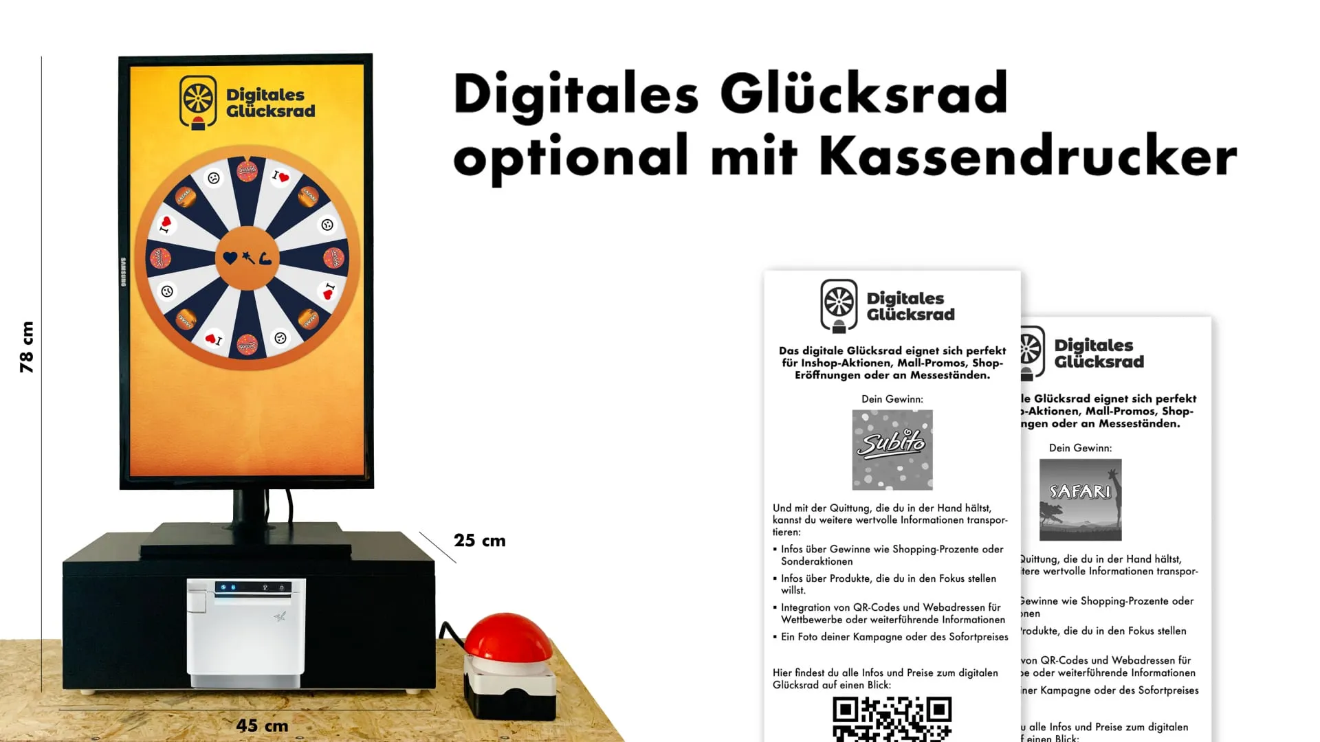 Digital Glücksrad with receipt printer and buzzer, next to it two printed prize receipts with a QR code