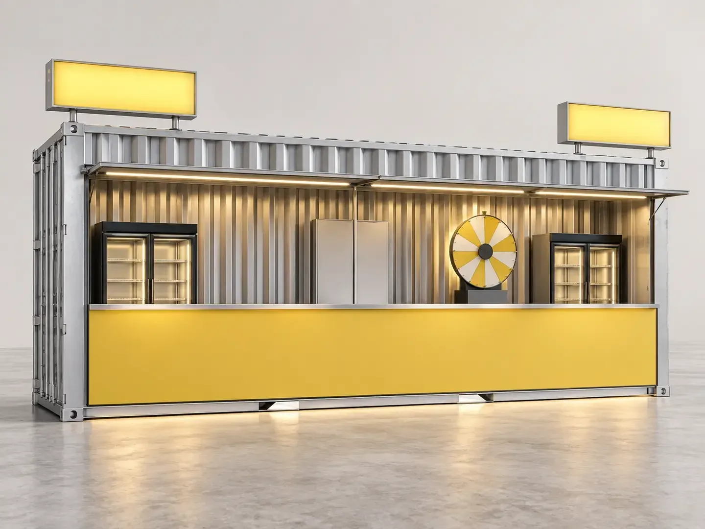 Rendering eines Barcontainers mit gelber Theke, zwei Kühlschränken, Glücksrad und zwei Leuchtkästen auf dem Dach