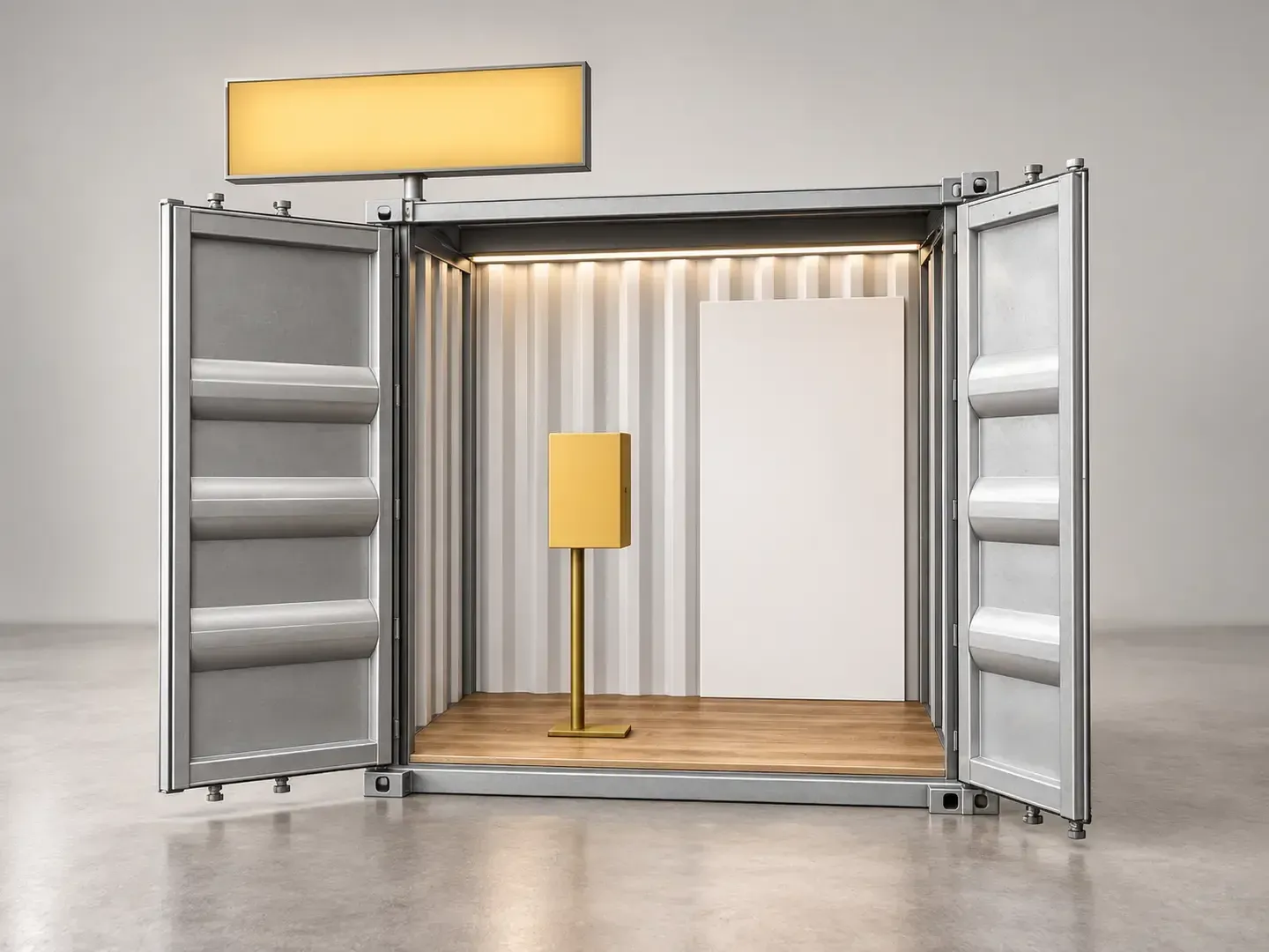 Rendering eines offenen 10-Fuss-Containers mit Fotowand, gelber Stele und Leuchtkasten auf dem Dach