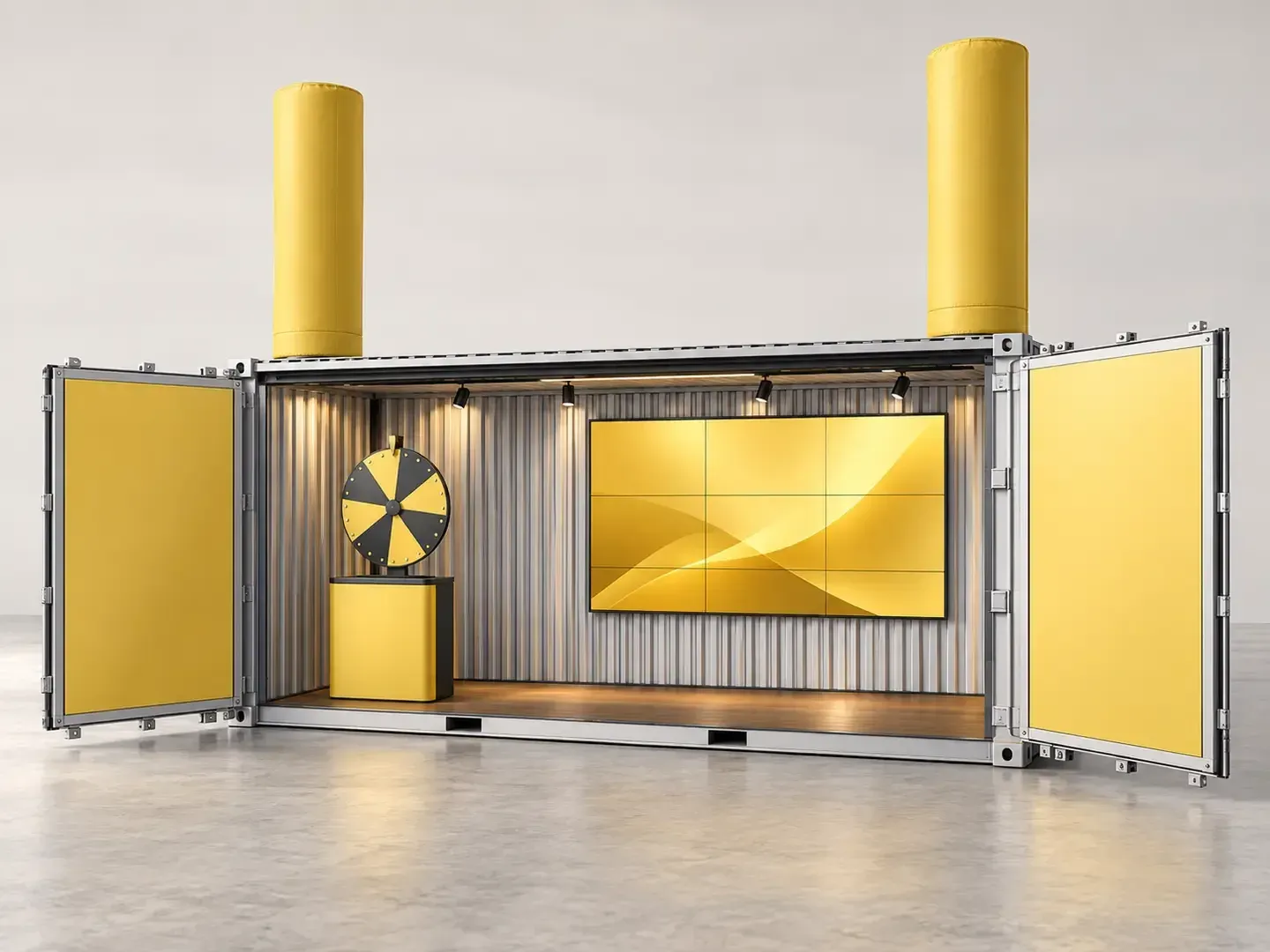 Rendering eines offenen 20-Fuss-Containers in Gelb mit Glücksrad auf Podest, Videowall, Spots und zwei aufblasbaren Werbesäulen auf dem Dach