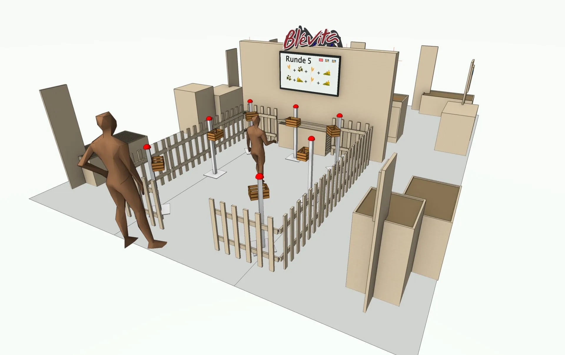 CAD-Visualisierung des Stands mit Zaun, Buzzer-Säulen, Bildschirm «Runde 5» und zwei Figuren