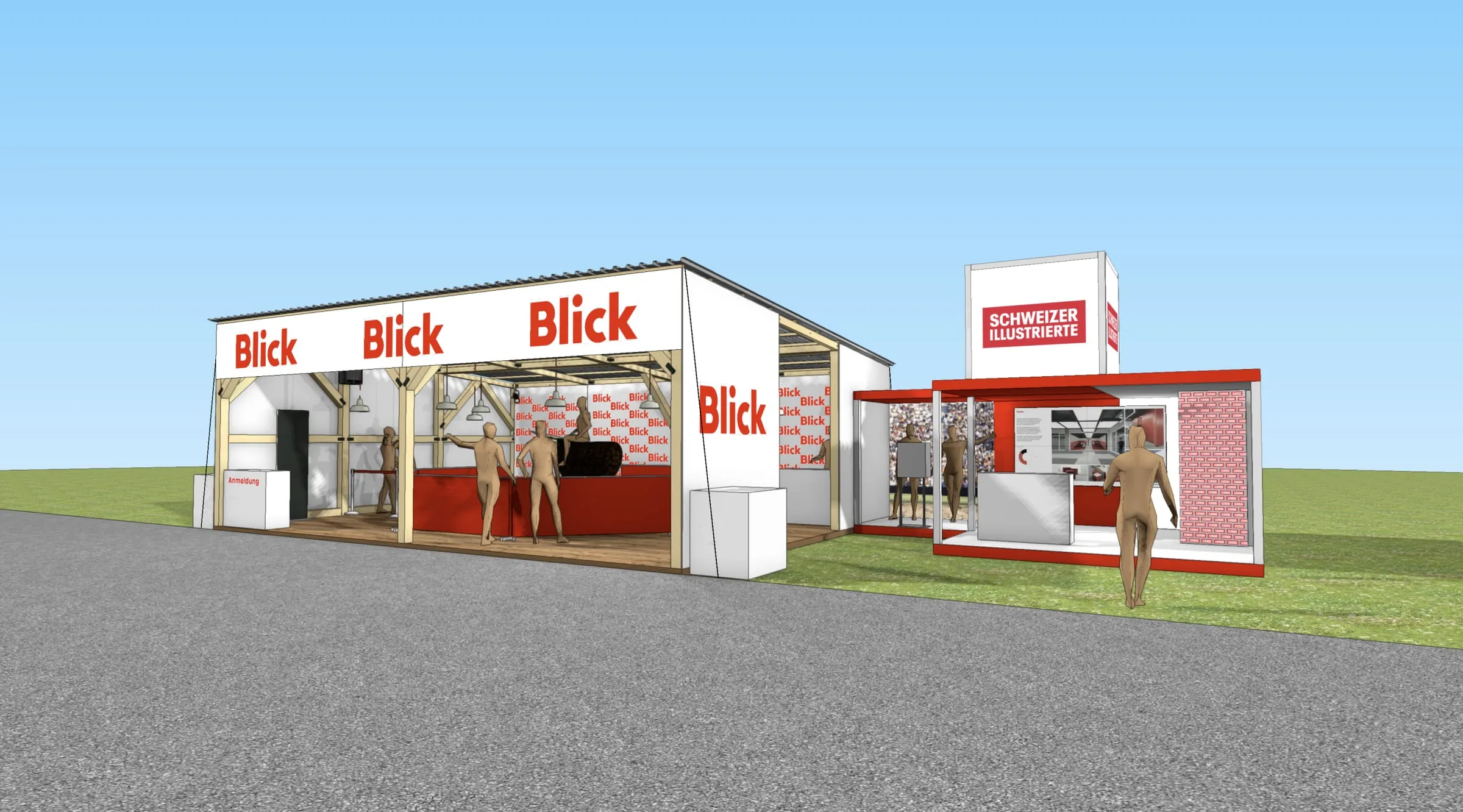 CAD-Visualisierung von Blick-Unterstand mit Rodeo-Ring und SI-Container auf der Wiese