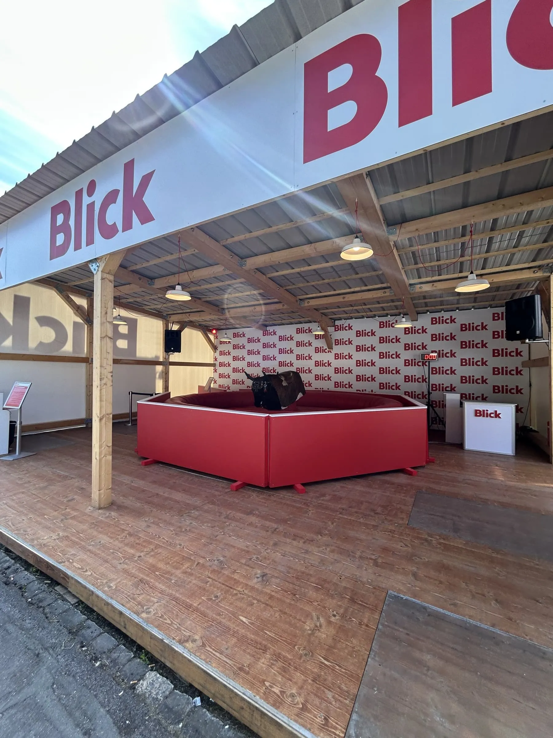 Blick in den Holzunterstand mit rotem Rodeo-Ring, Bullen und Blick-Rückwand unter dem Blechdach