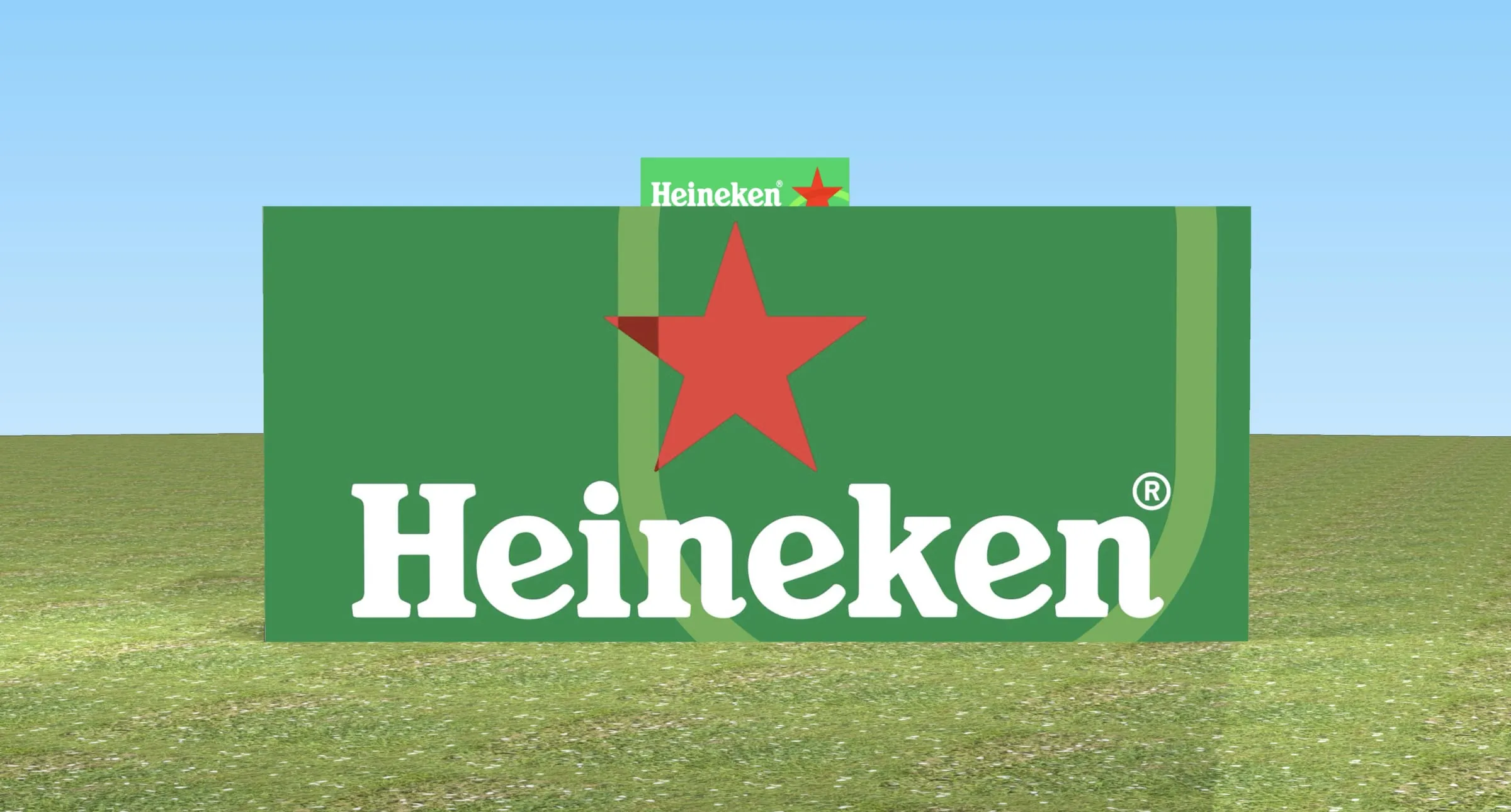 CAD-Rendering der Stirnseite des Heineken-Containers mit rotem Stern, grünem Bogen und Leuchtschild