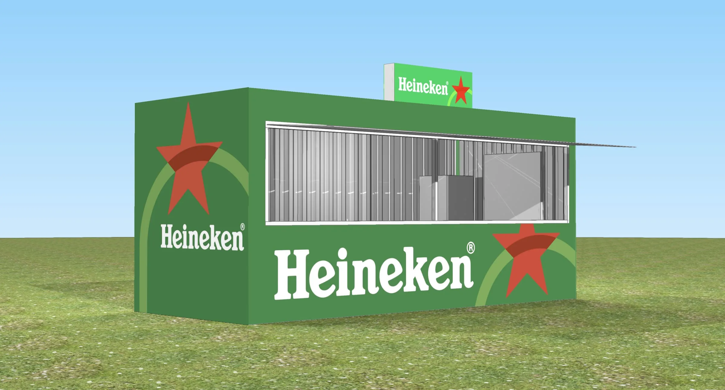 CAD-Rendering des Heineken-Containers in Seitenansicht mit offener Ausgabe und Leuchtschild auf grüner Wiese