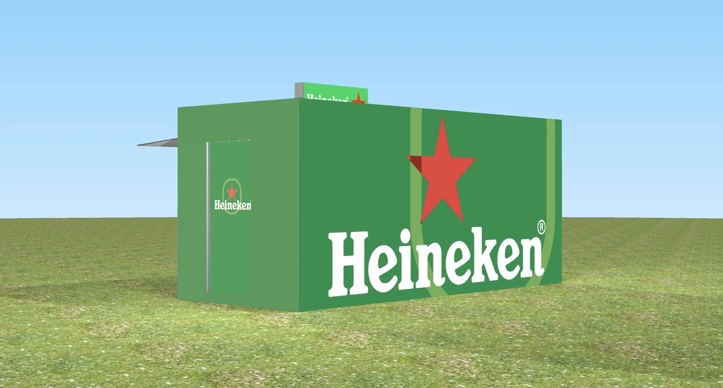 CAD-Rendering der Rückseite des Heineken-Containers mit Seitentüre und rotem Stern