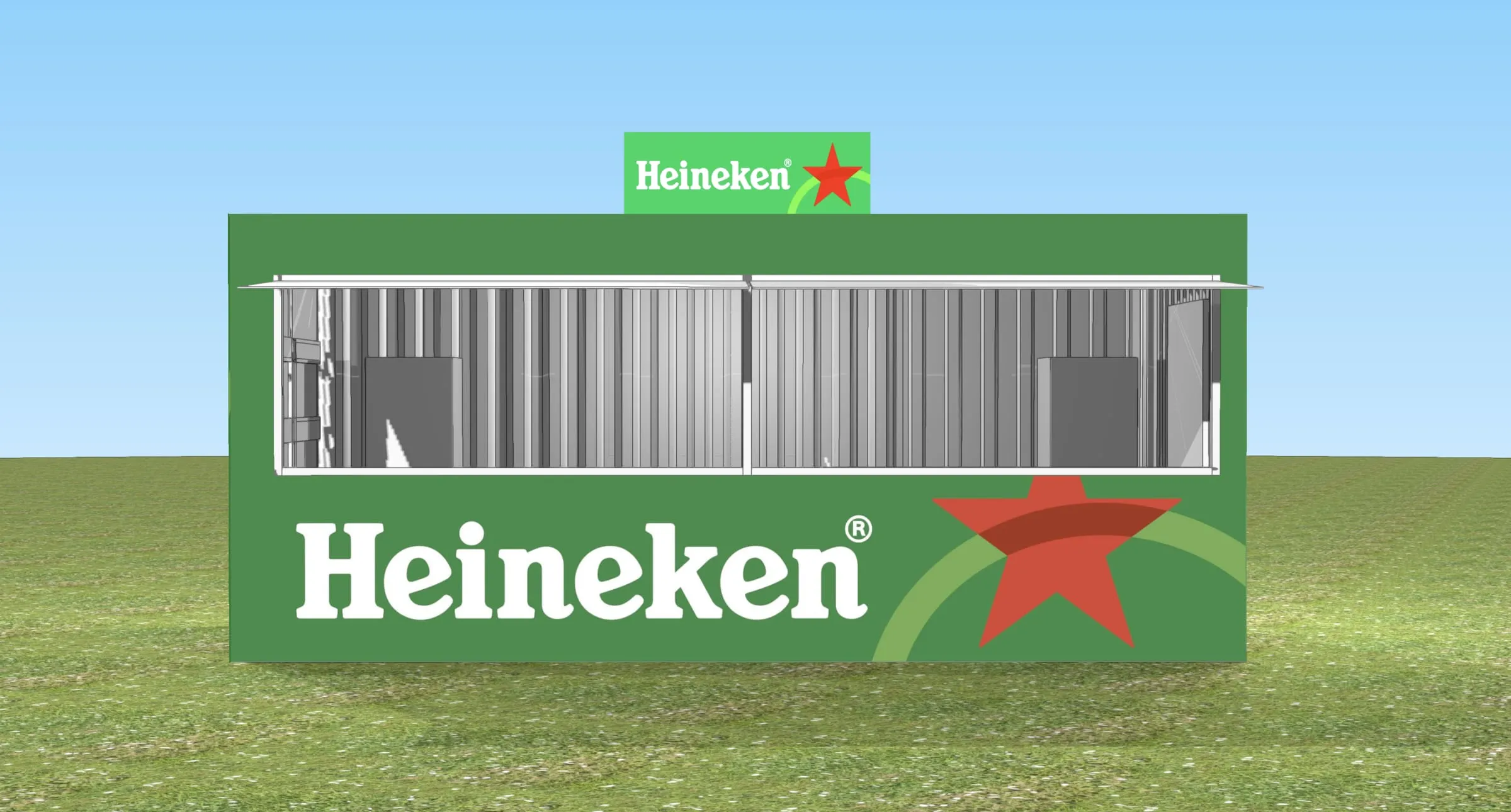 CAD-Rendering der Frontseite des Heineken-Containers mit hochgeklappten Läden und Leuchtschild