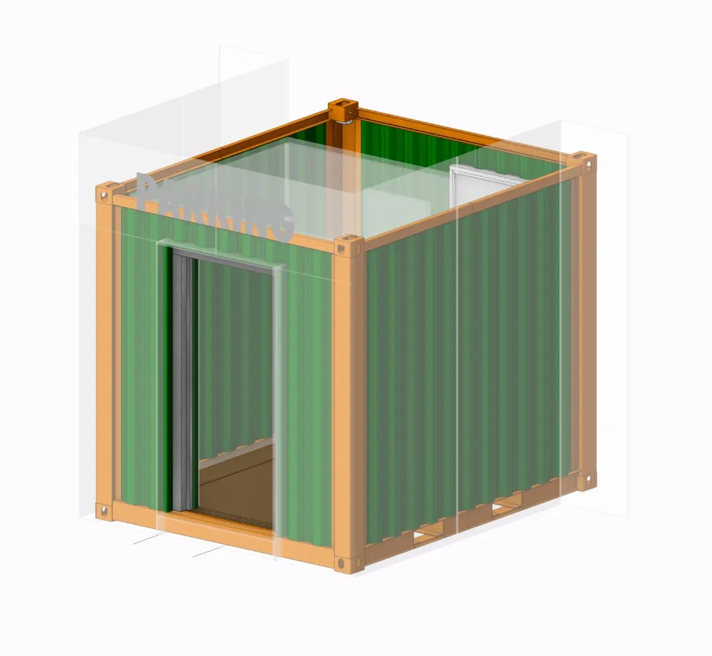 CAD-Rendering des grünen Containergerüsts mit oranger Rahmenstruktur und Türöffnung