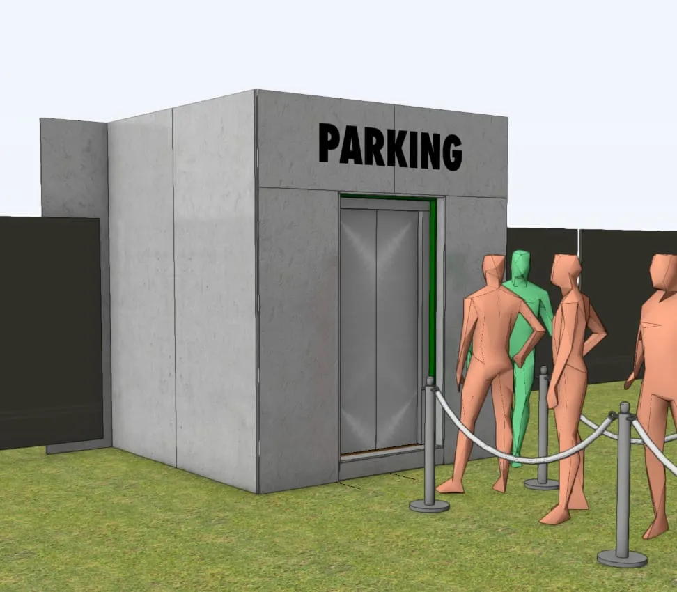 CAD-Rendering des grauen Containers mit «Parking»-Schriftzug, Lifttür und wartenden Figuren am Absperrseil
