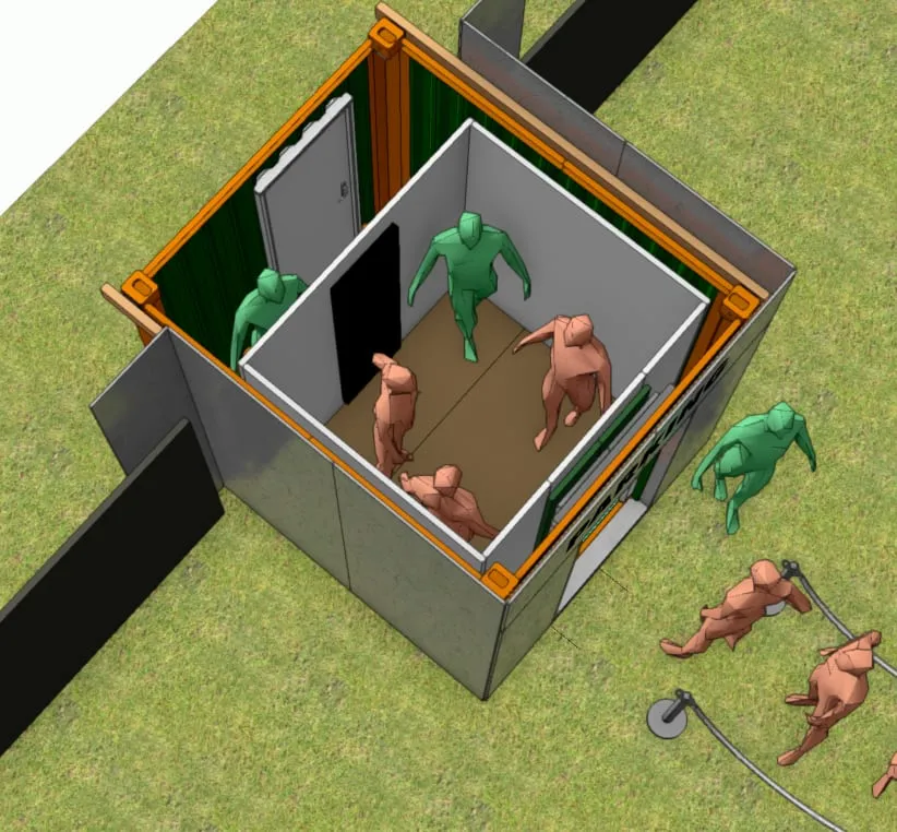 CAD-Rendering in Schrägansicht mit Blick in den Container, Figuren im Innenraum und in der Warteschlange