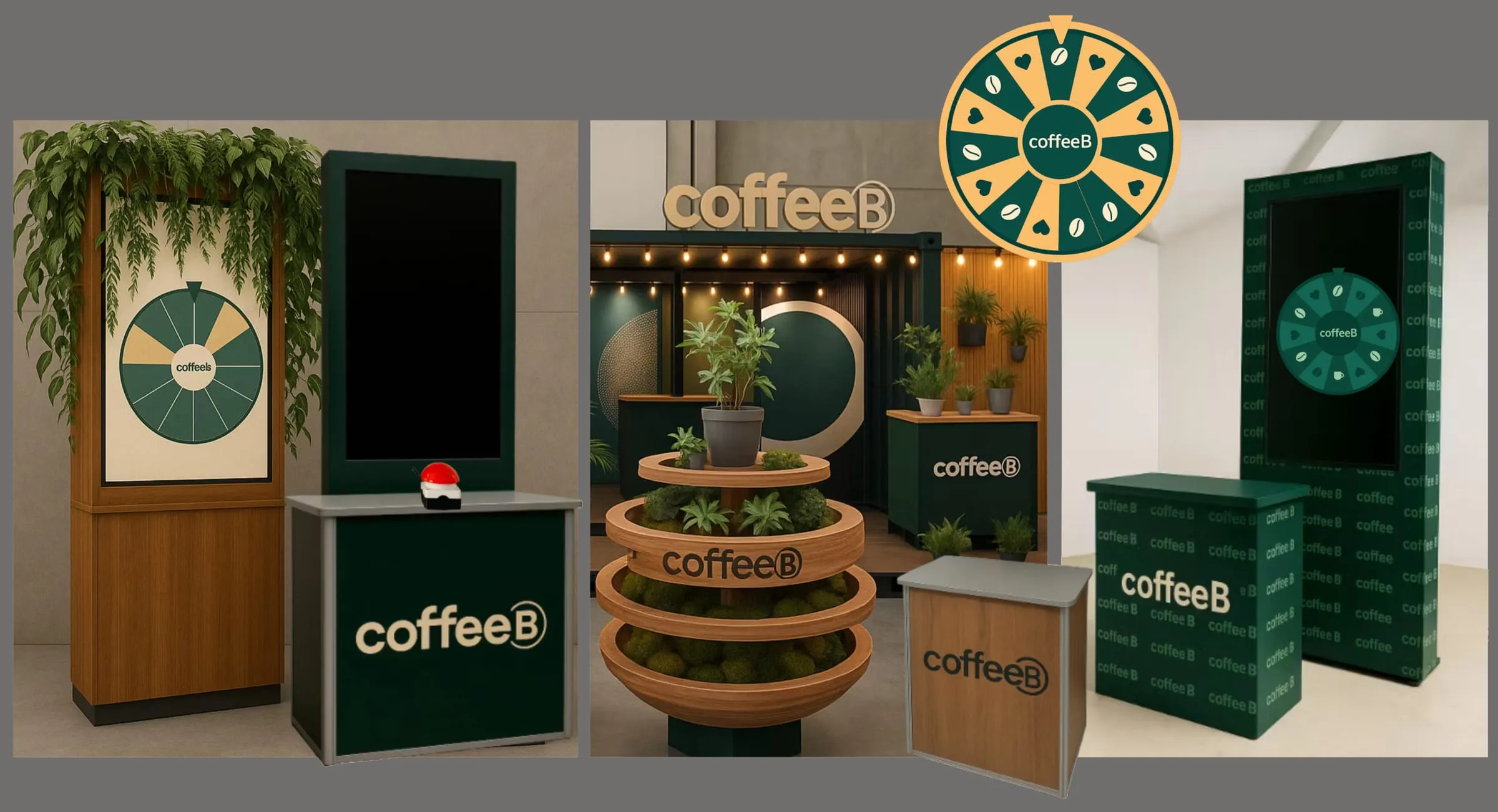 Moodboard mit drei Varianten des Glücksrad-Counters in Holz und Dunkelgrün, Pflanzenetagere und Glücksrad-Grafik