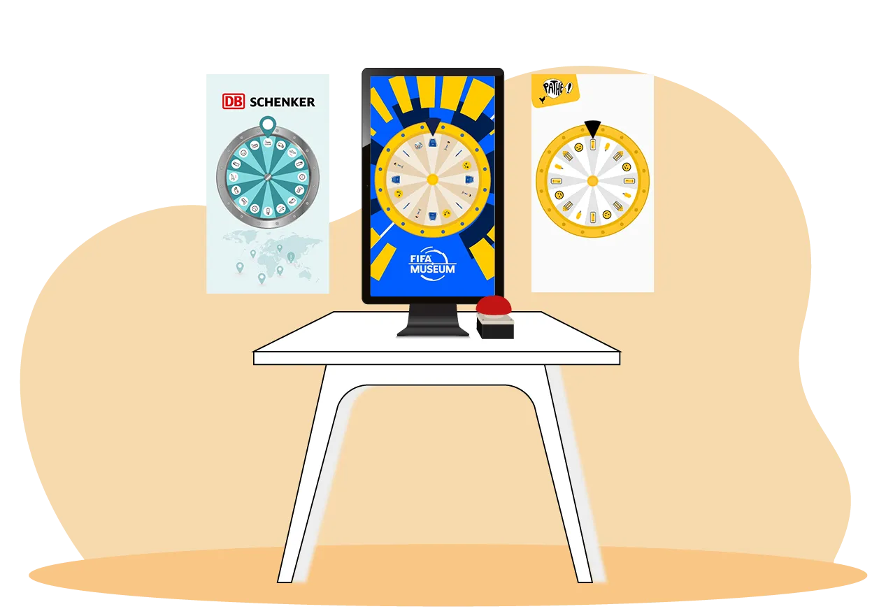 Illustration: three Glücksrad designs for DB Schenker, FIFA Museum and Pathé on a table