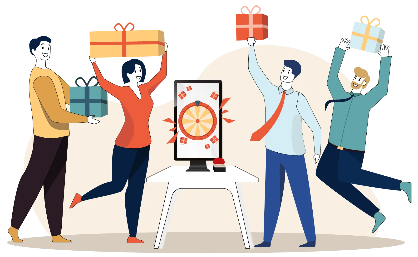 Illustration: four cheering people with gift boxes around a Glücksrad screen on a table