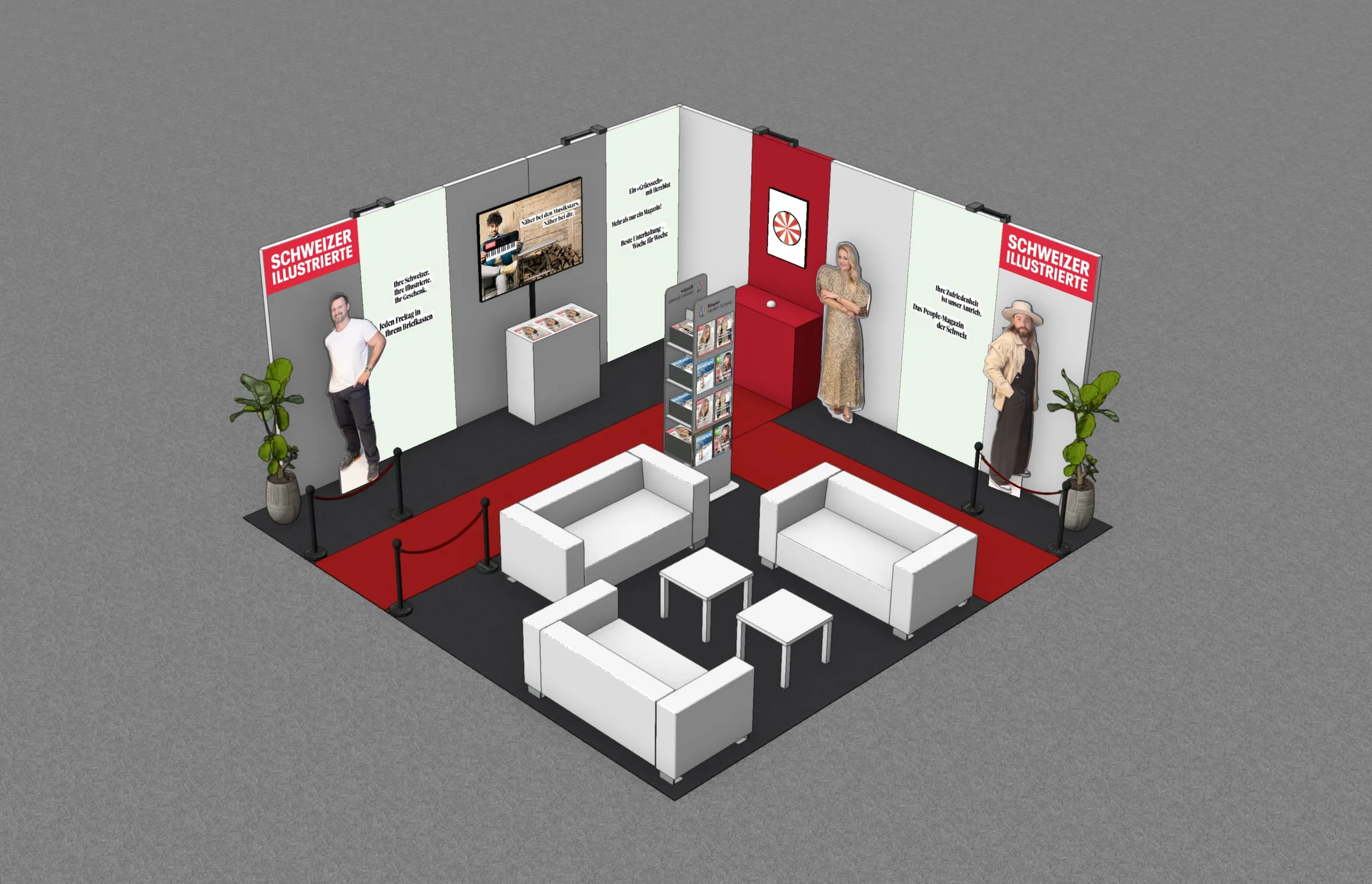 CAD-Visualisierung des Eckstands mit rotem Teppich, weissen Sofas, Star-Cutouts, Bildschirm, Glücksrad und Magazinständer