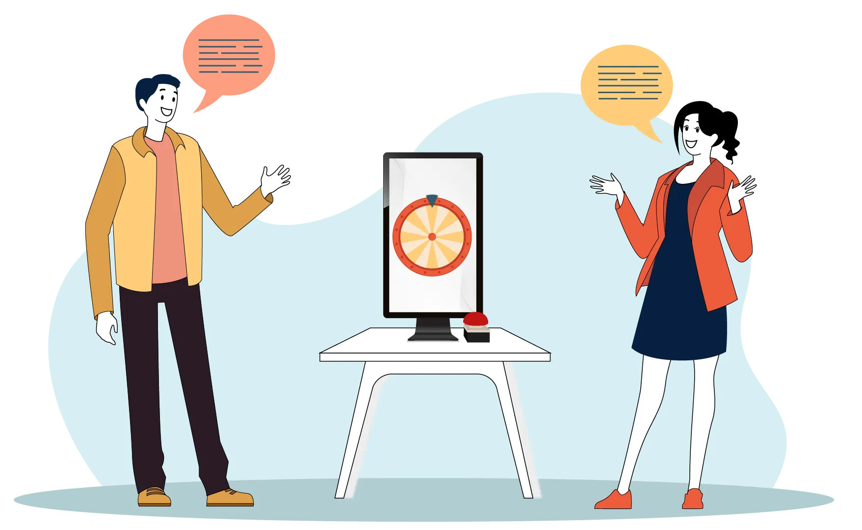 Illustration: a man and a woman with speech bubbles in conversation next to a Glücksrad screen on a table