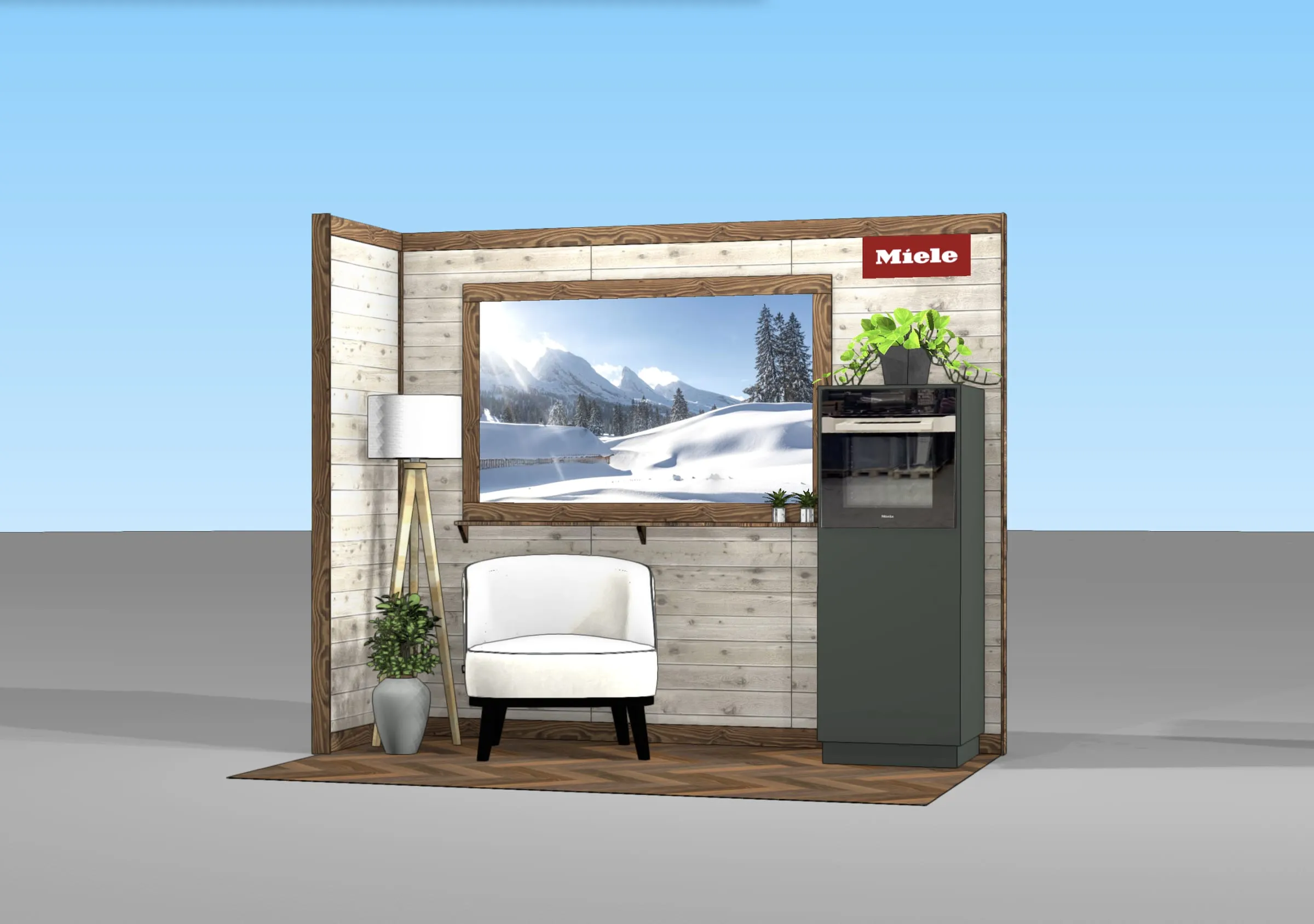 CAD-Visualisierung des Miele-Stands mit Holzwänden, Bergpanorama im Rahmen, Sessel und Backofen-Säule