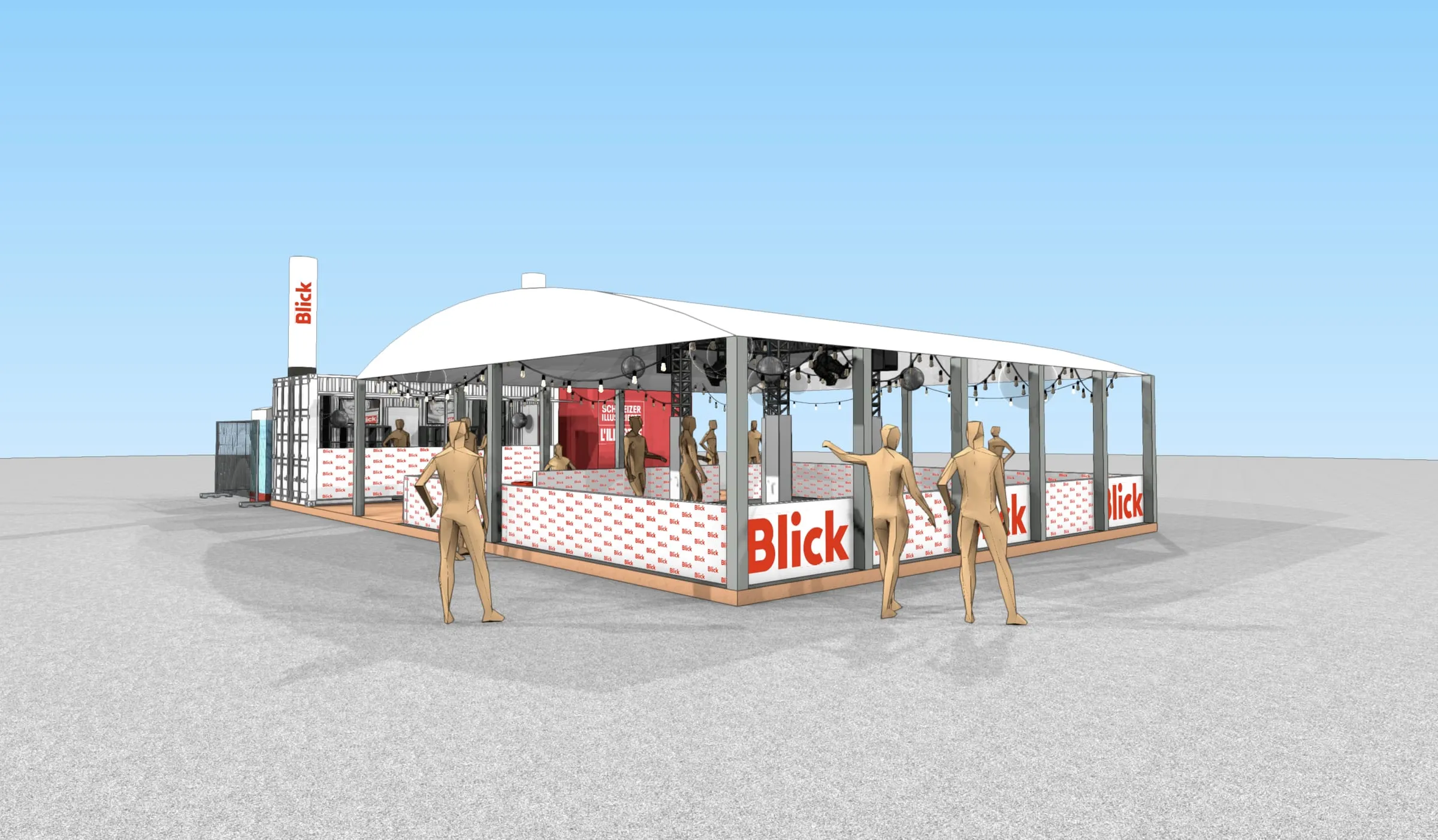 CAD-Visualisierung des Blick-Zelts mit gewölbtem Dach, Blick-Banden, Lichterketten und Container mit Blick-Säule